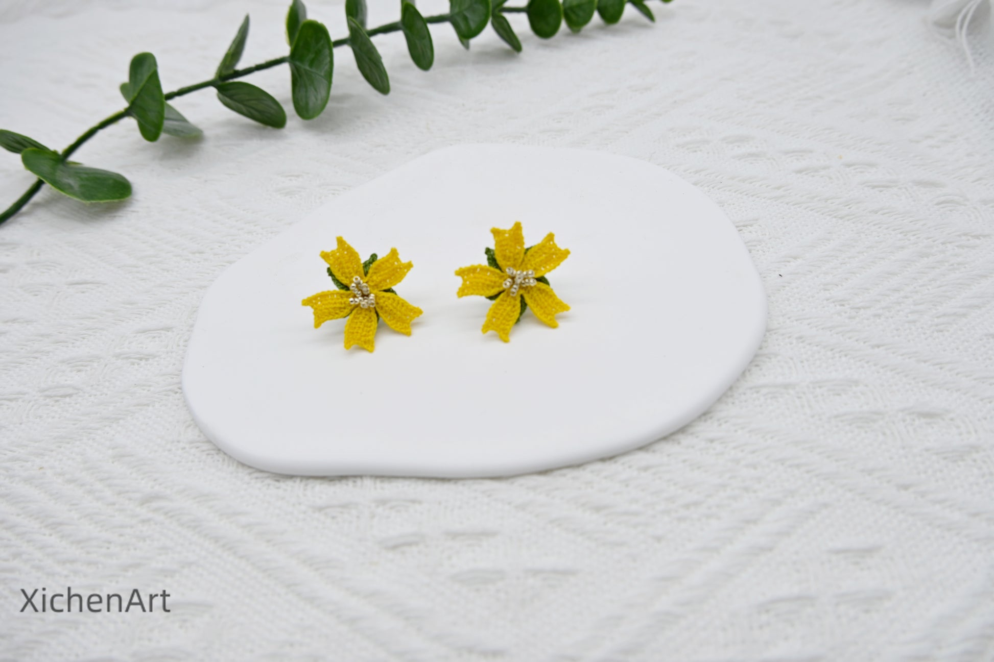 micro crochet poached egg flower earring