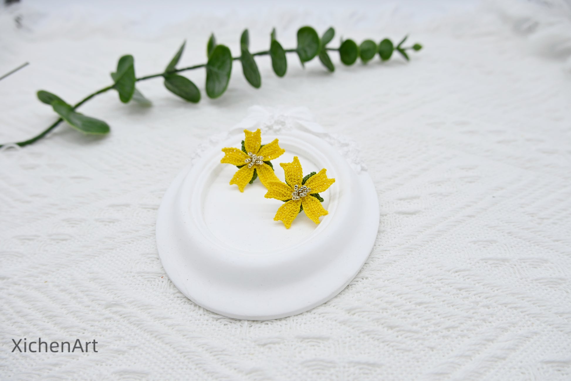 micro crochet poached egg flower earring