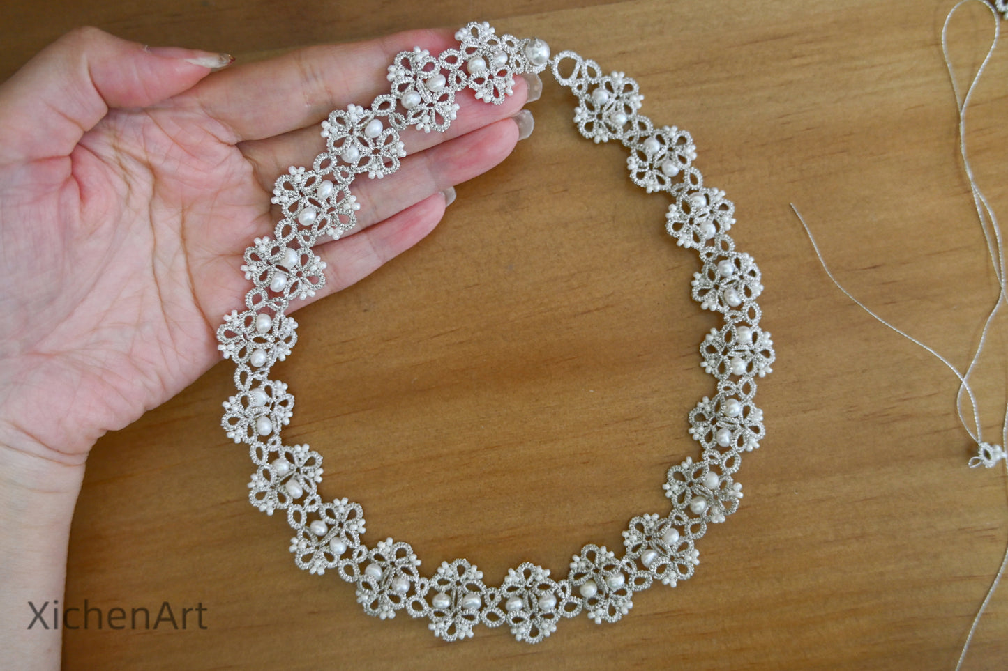 tatting silver necklace with natural pearl