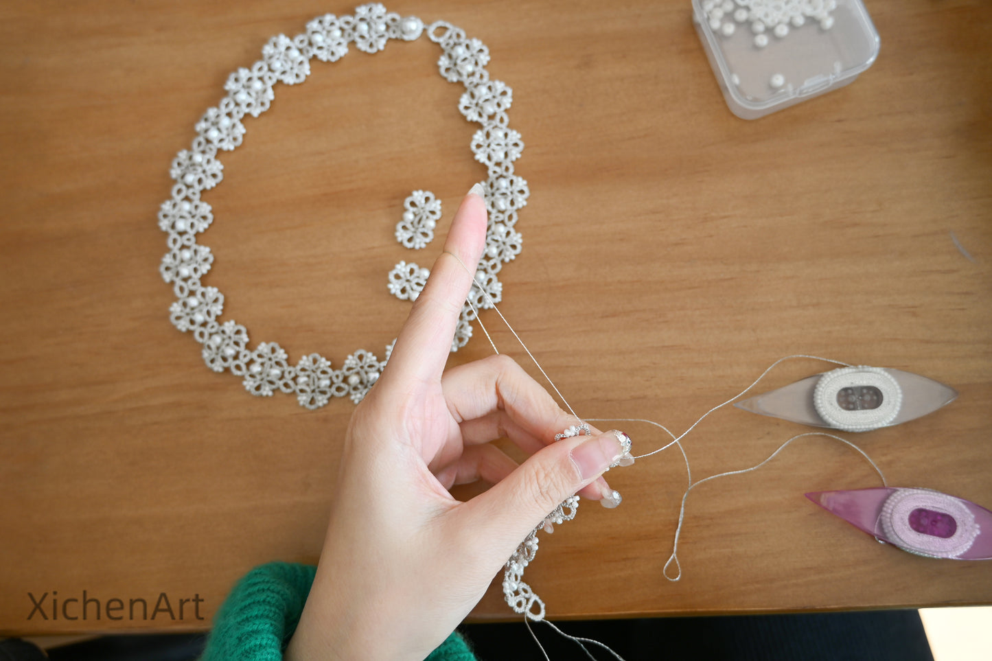 tatting silver necklace with natural pearl