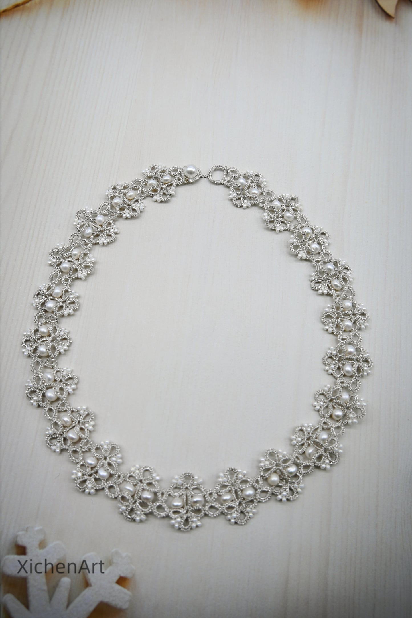 tatting silver necklace with natural pearl