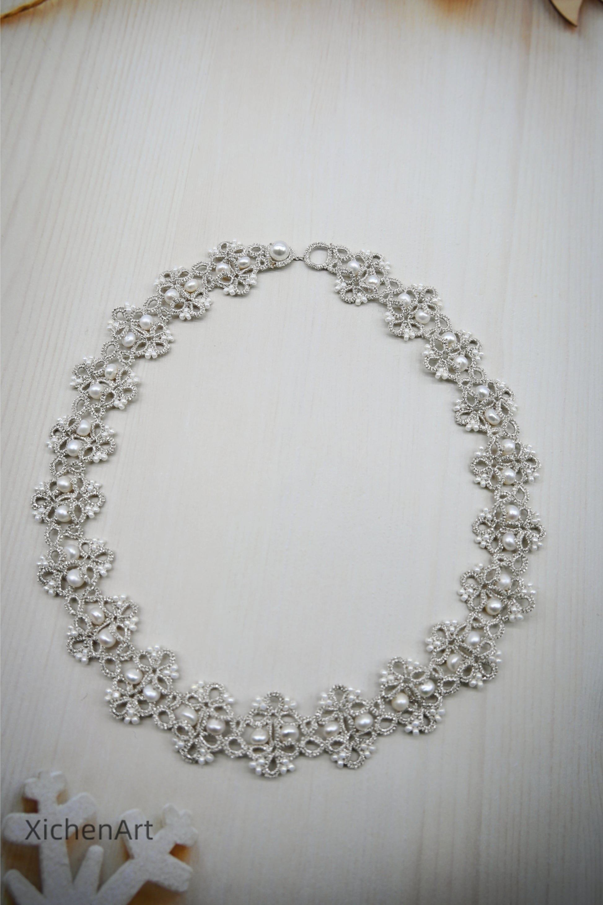 tatting silver necklace with natural pearl