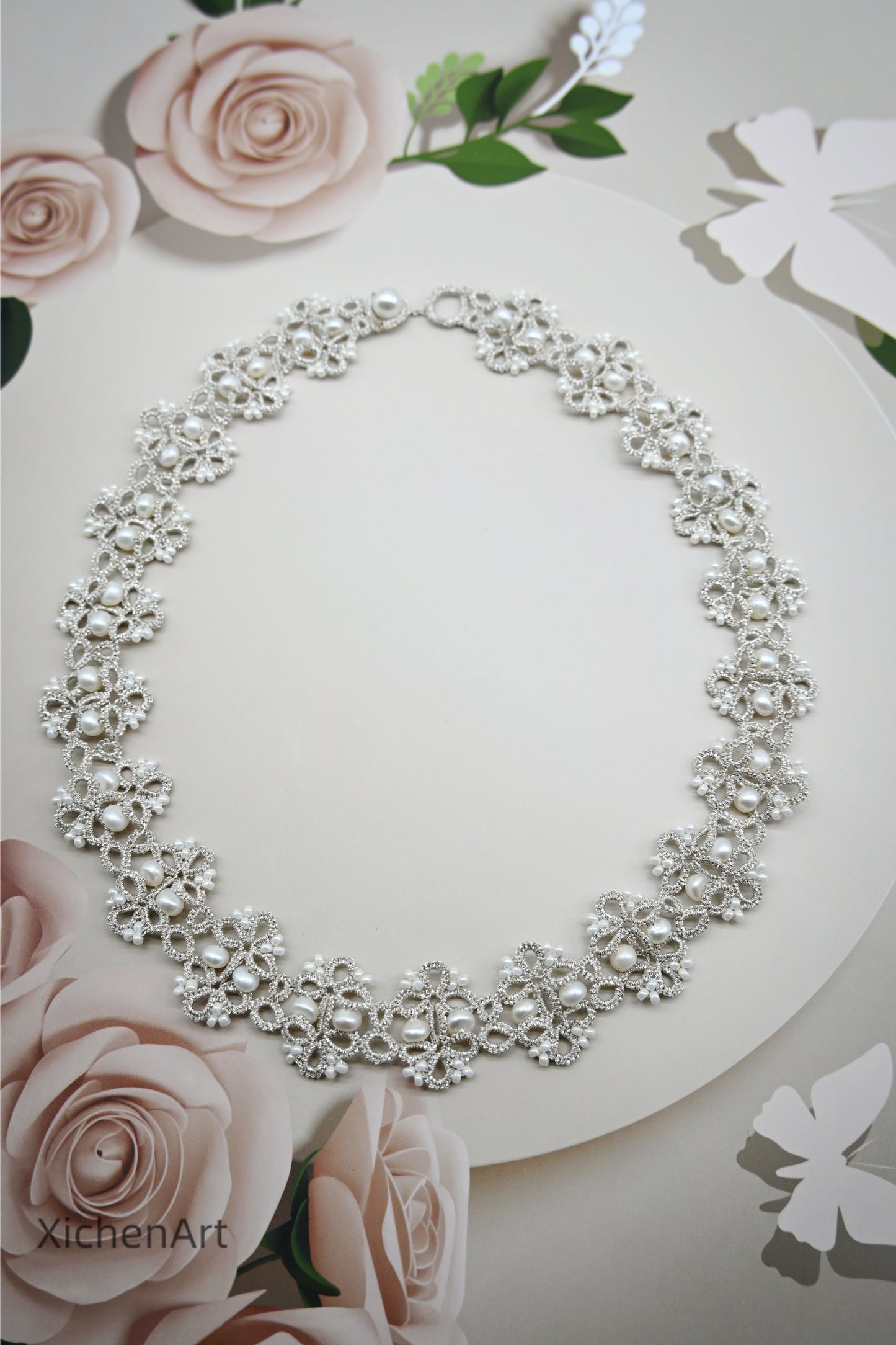 tatting silver necklace with natural pearl