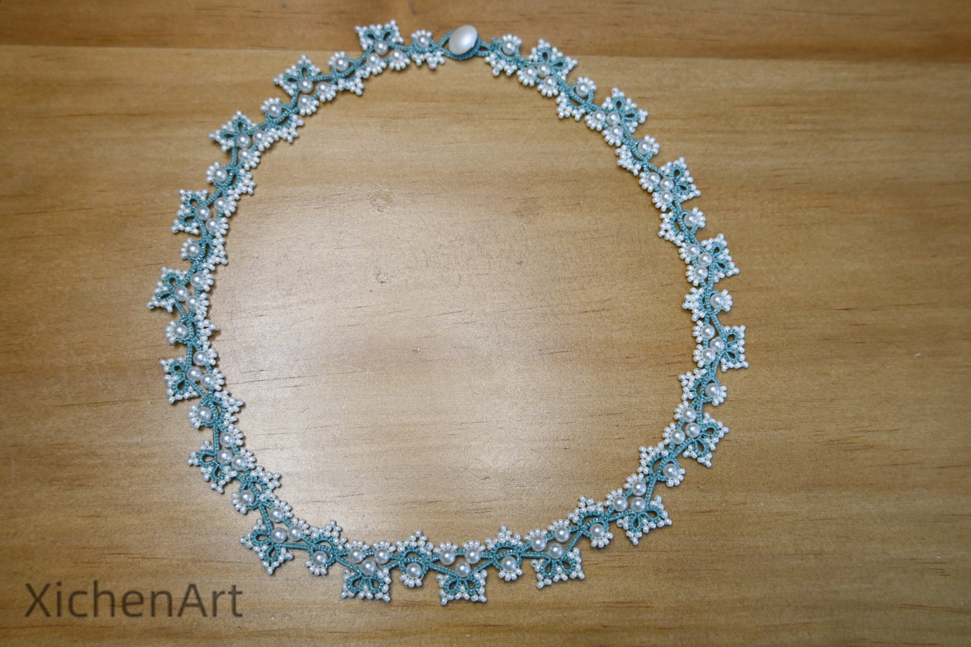 blue tatting necklace with pearl and miyuki beads