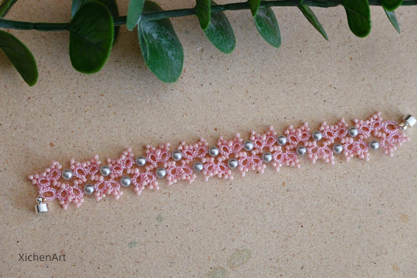 pink tatting bracelet with silver pearl very shine