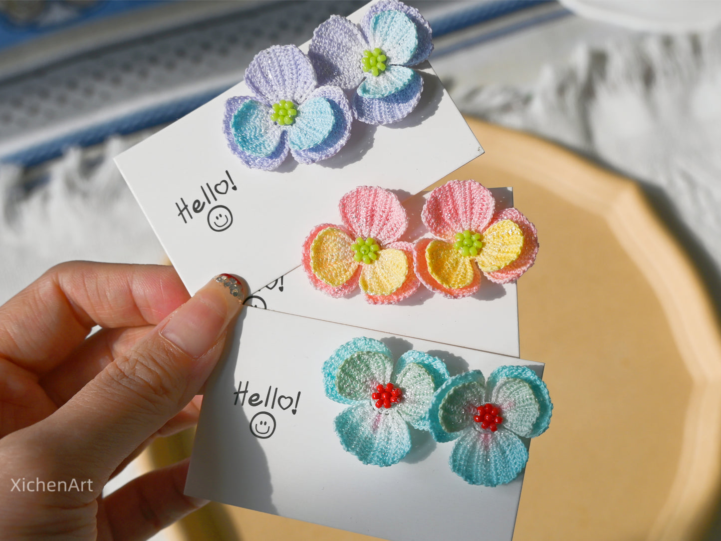 micro crochet pansy earrings