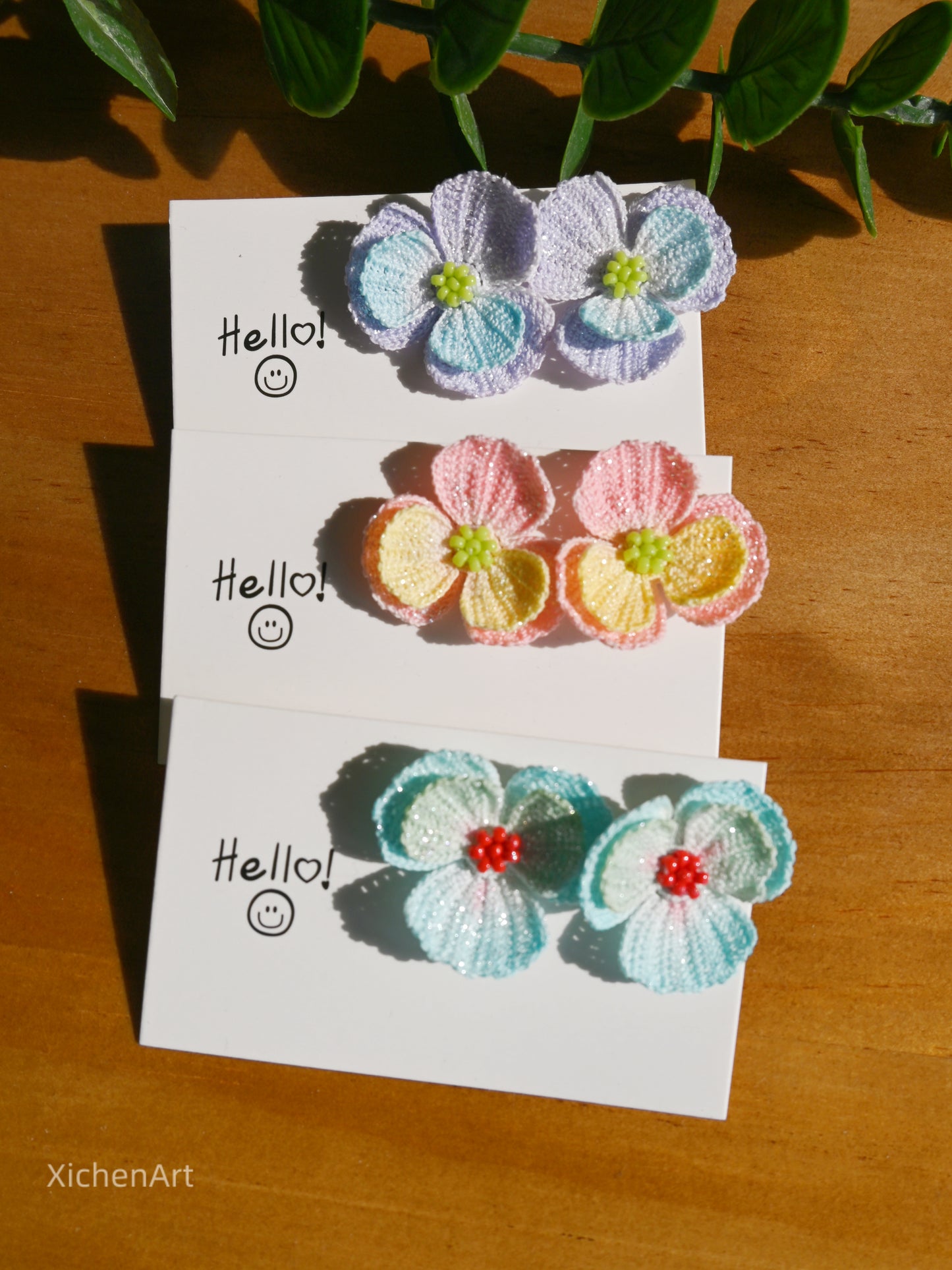 micro crochet pansy earrings