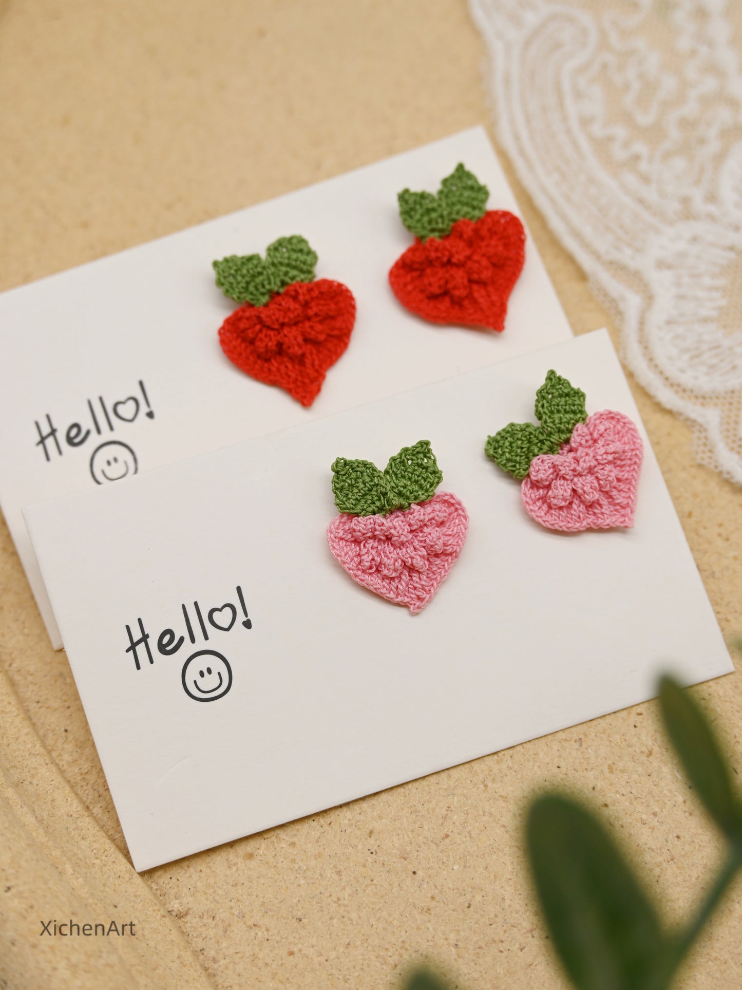 micro crochet peach heart earring