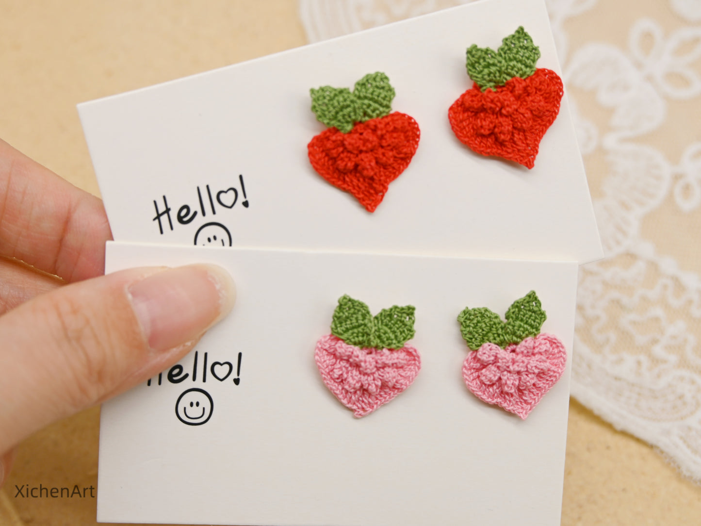 micro crochet peach heart earring