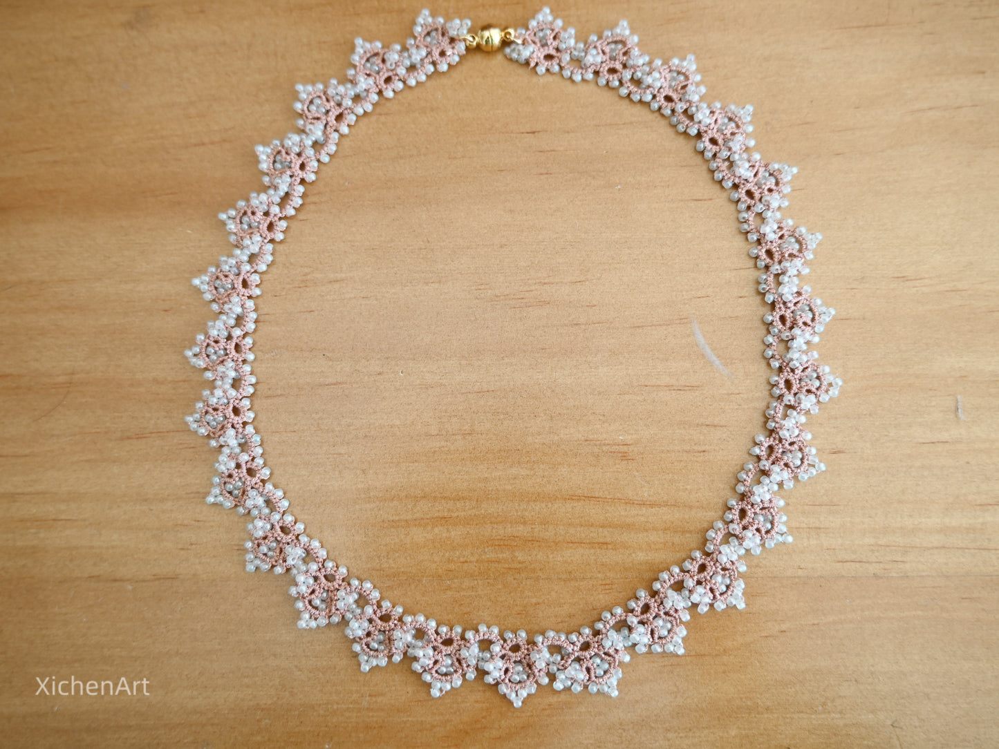 gorgeous tatting necklace with pink color thread