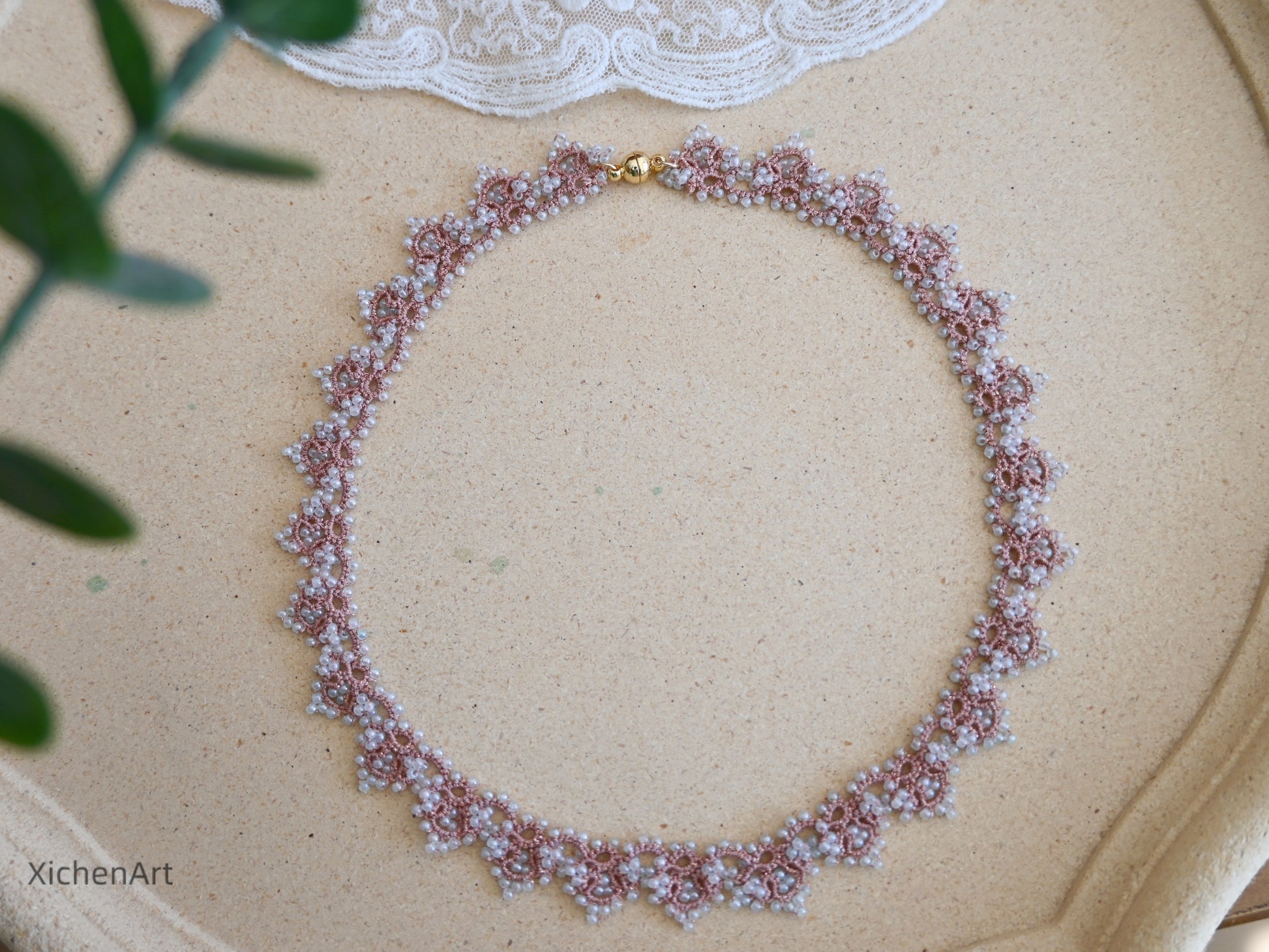 gorgeous tatting necklace with pink color thread