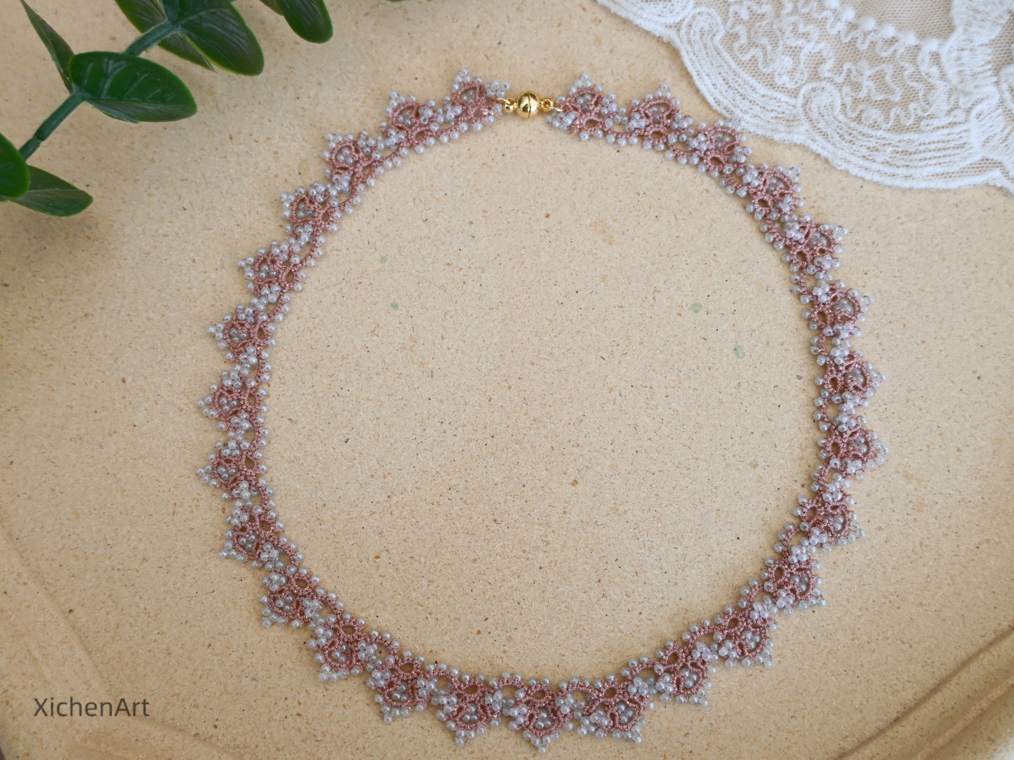 gorgeous tatting necklace with pink color thread