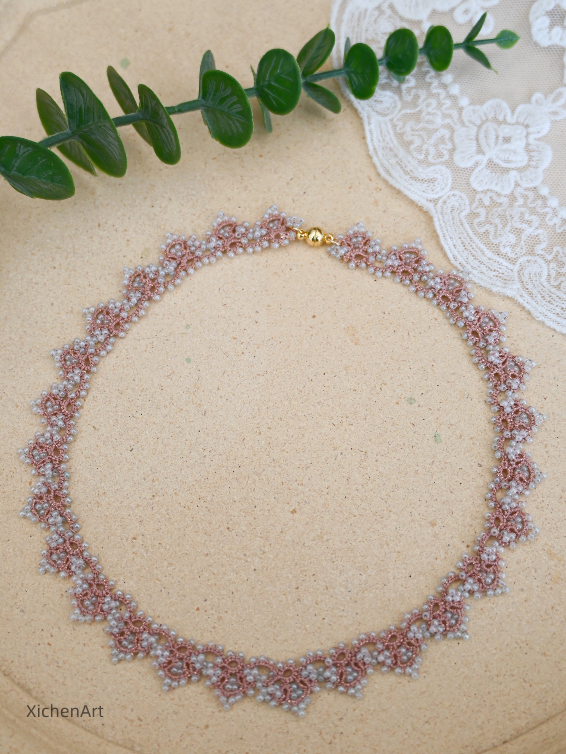 gorgeous tatting necklace with pink color thread