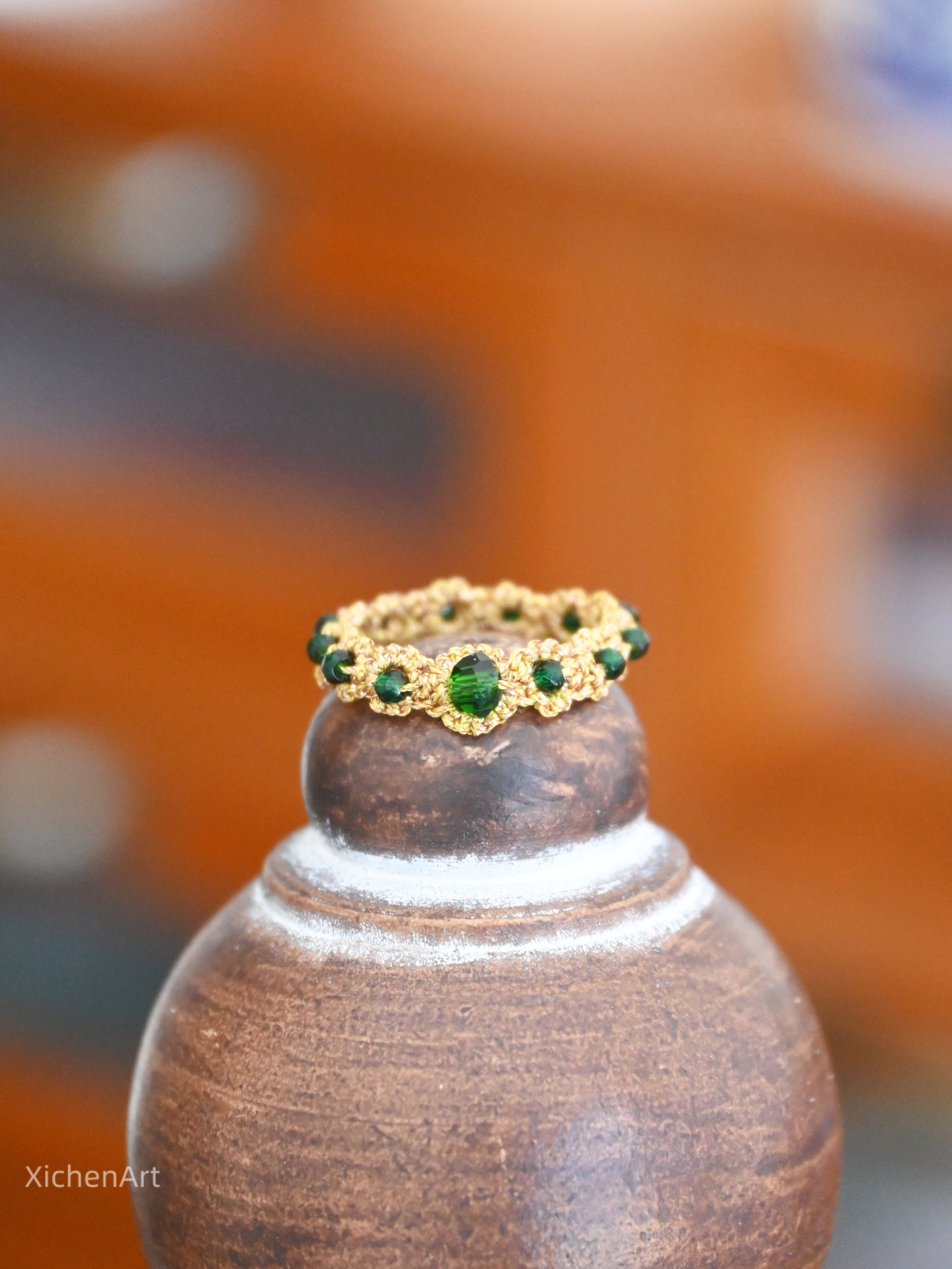 tatting ring with green beads