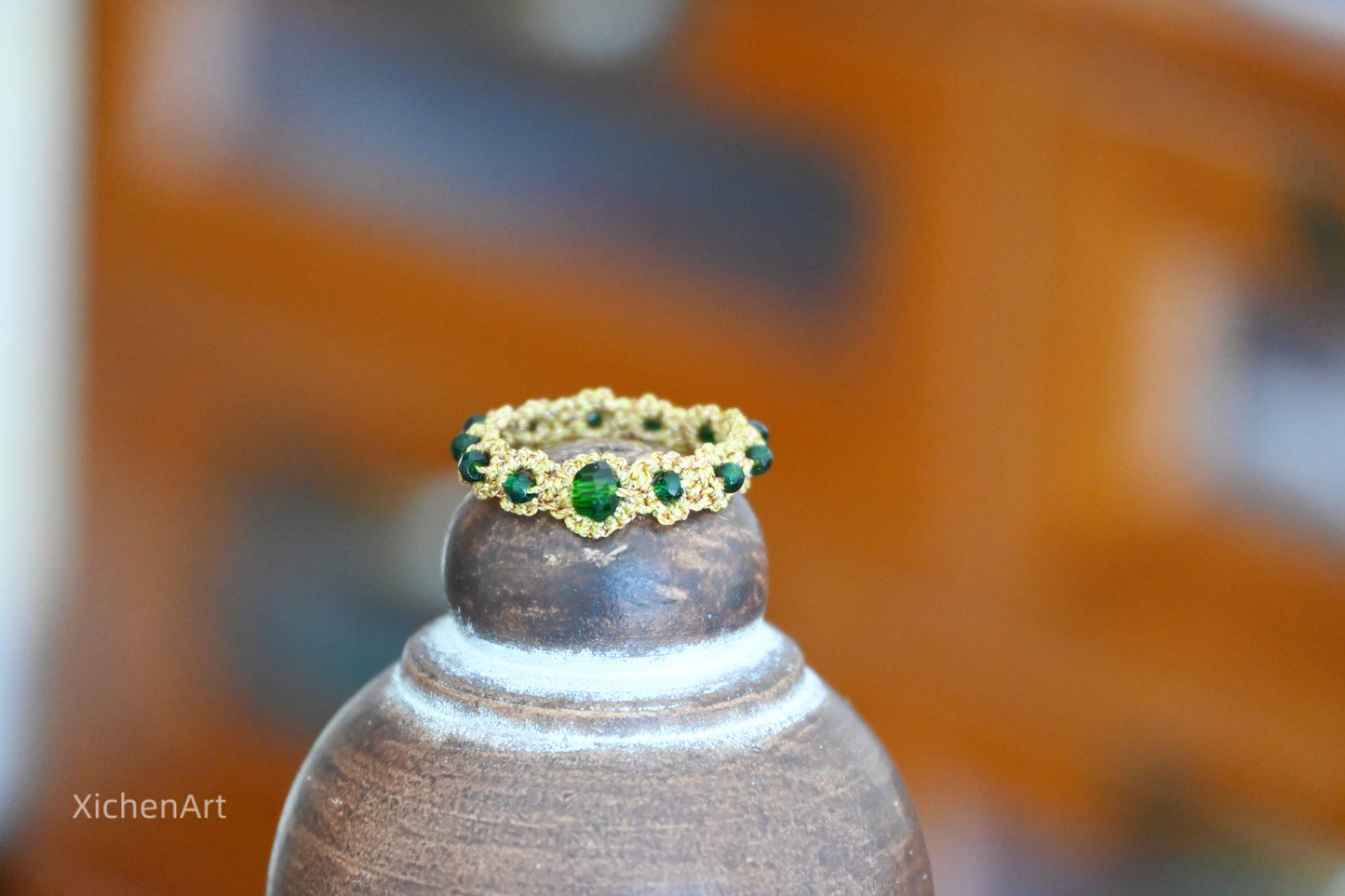 tatting ring with green beads