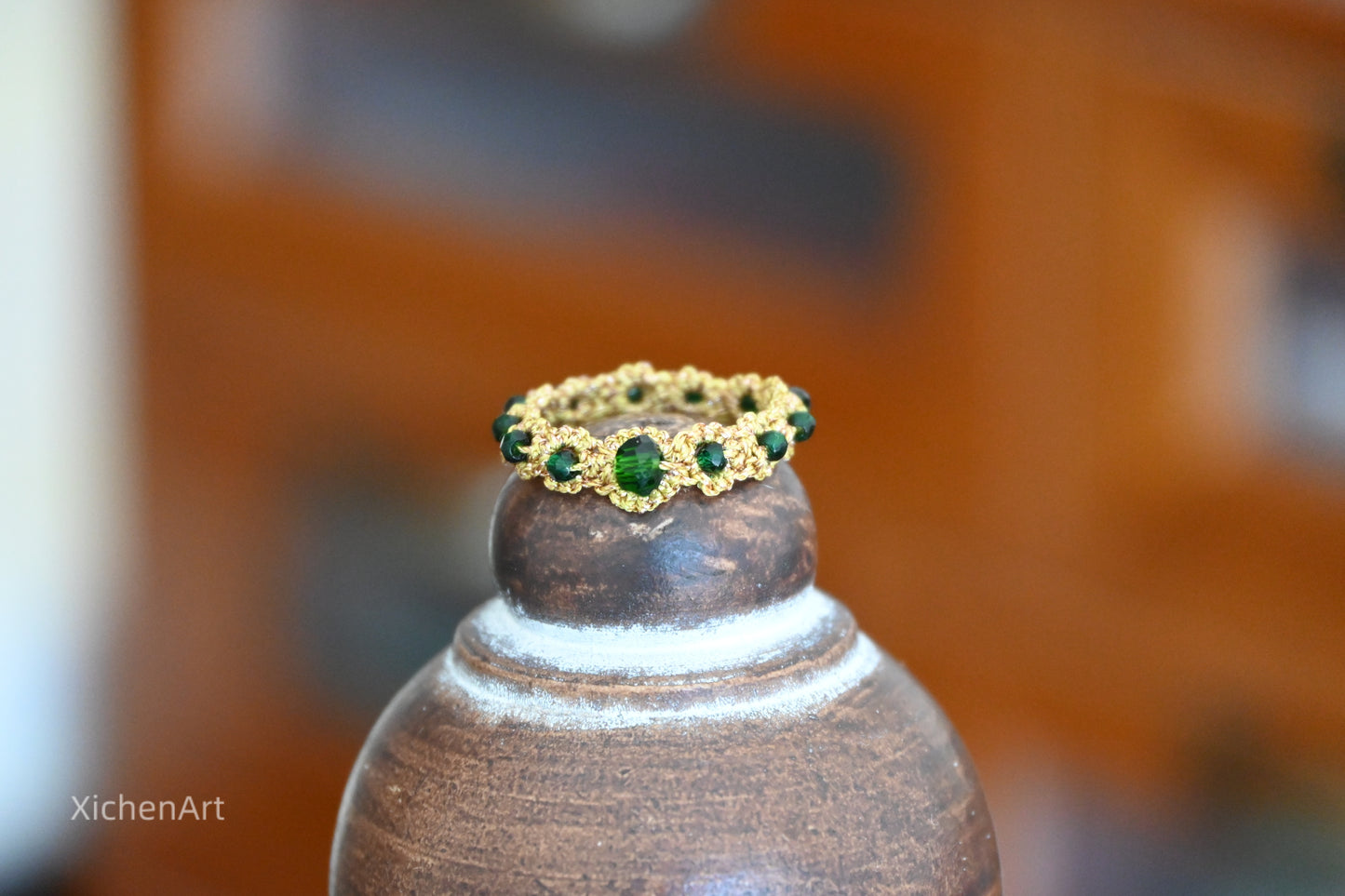 tatting ring with green beads