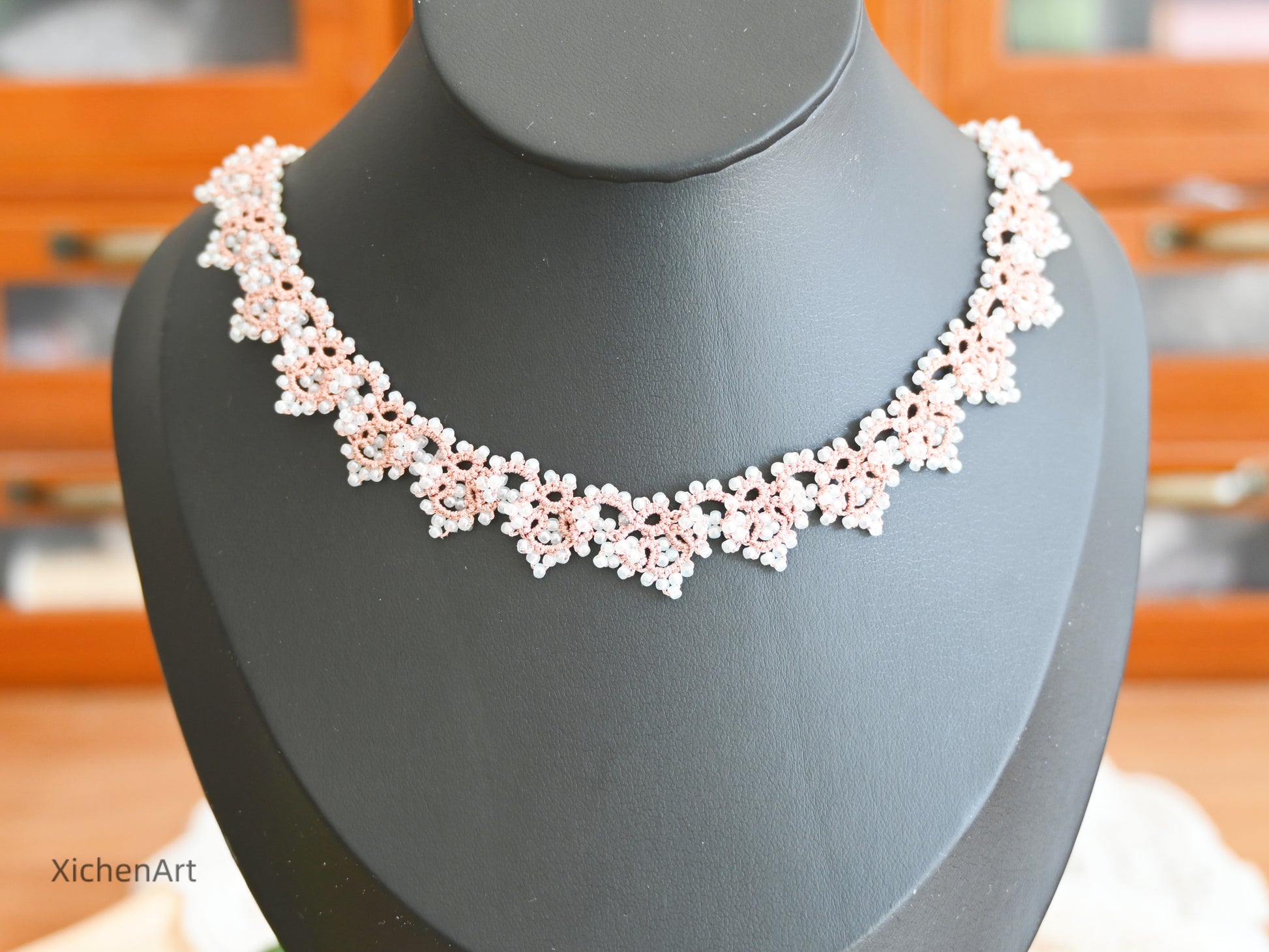 gorgeous tatting necklace with pink color thread