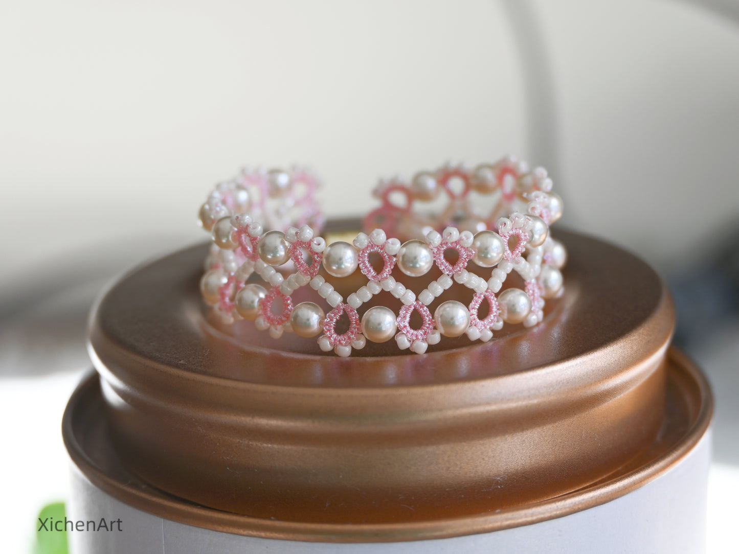 pink color tatting bracelet with beads