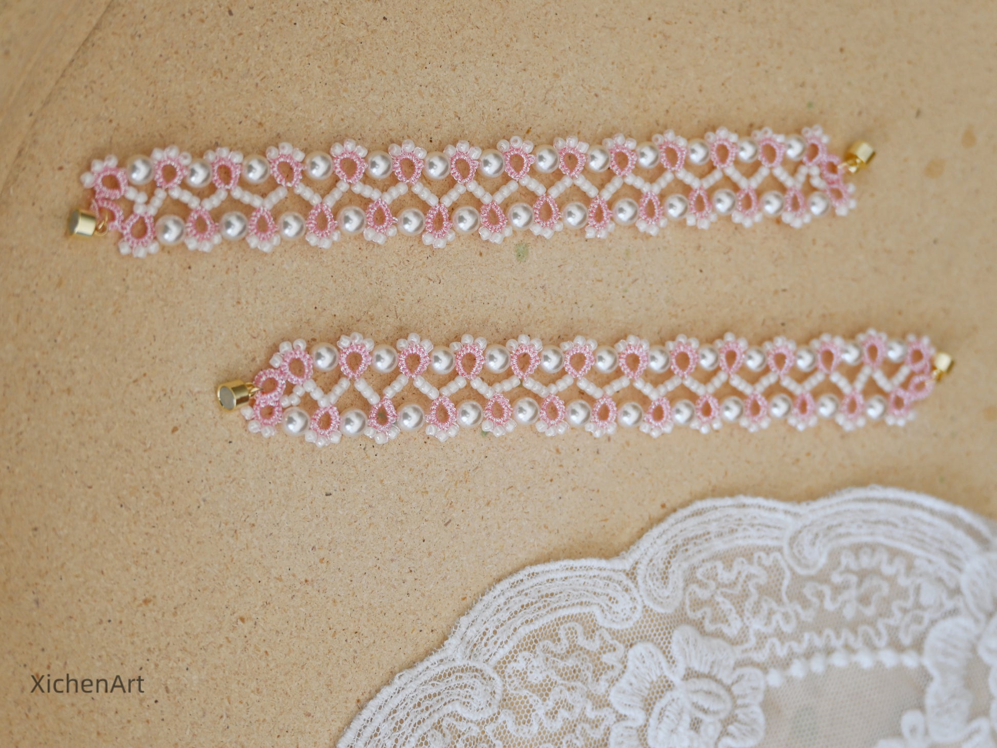 pink color tatting bracelet with beads