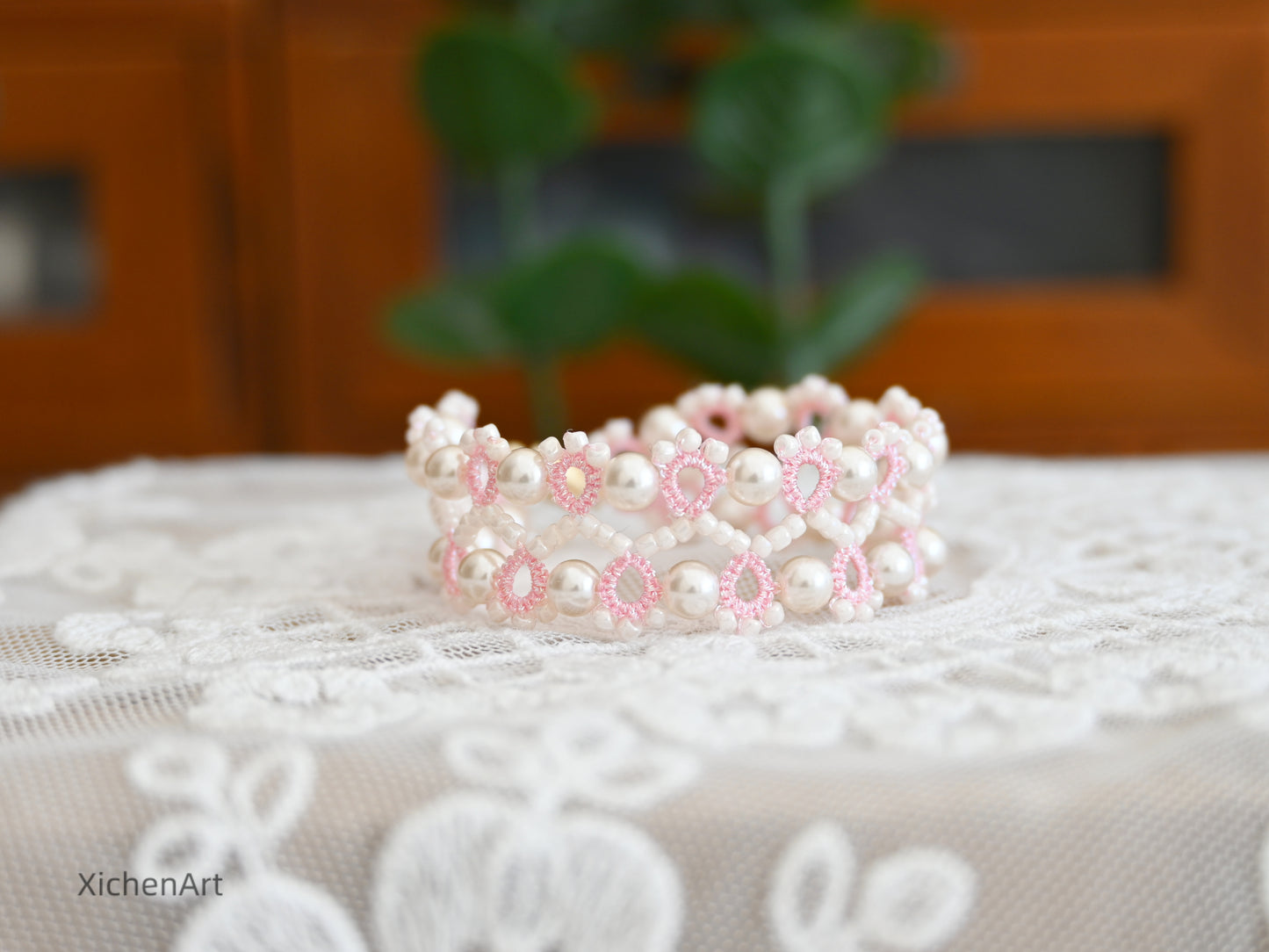 pink color tatting bracelet with beads