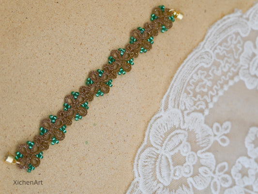 gorgeous tatting bracelet with green miyuki beads