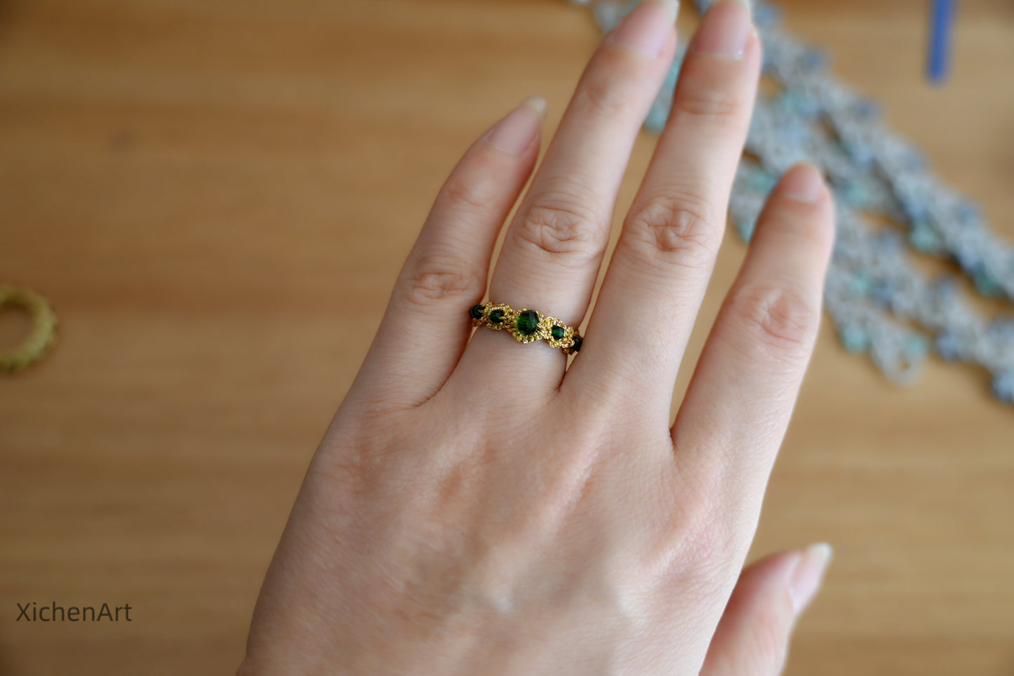 tatting ring with green beads