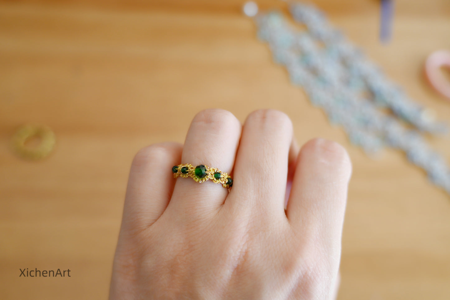 tatting ring with green beads