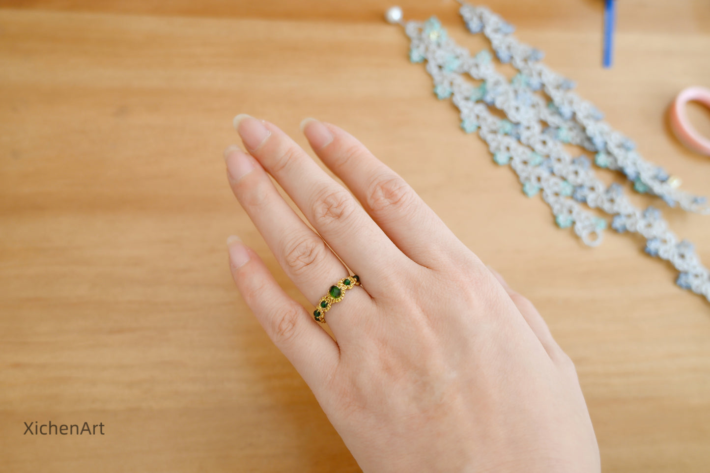 tatting ring with green beads