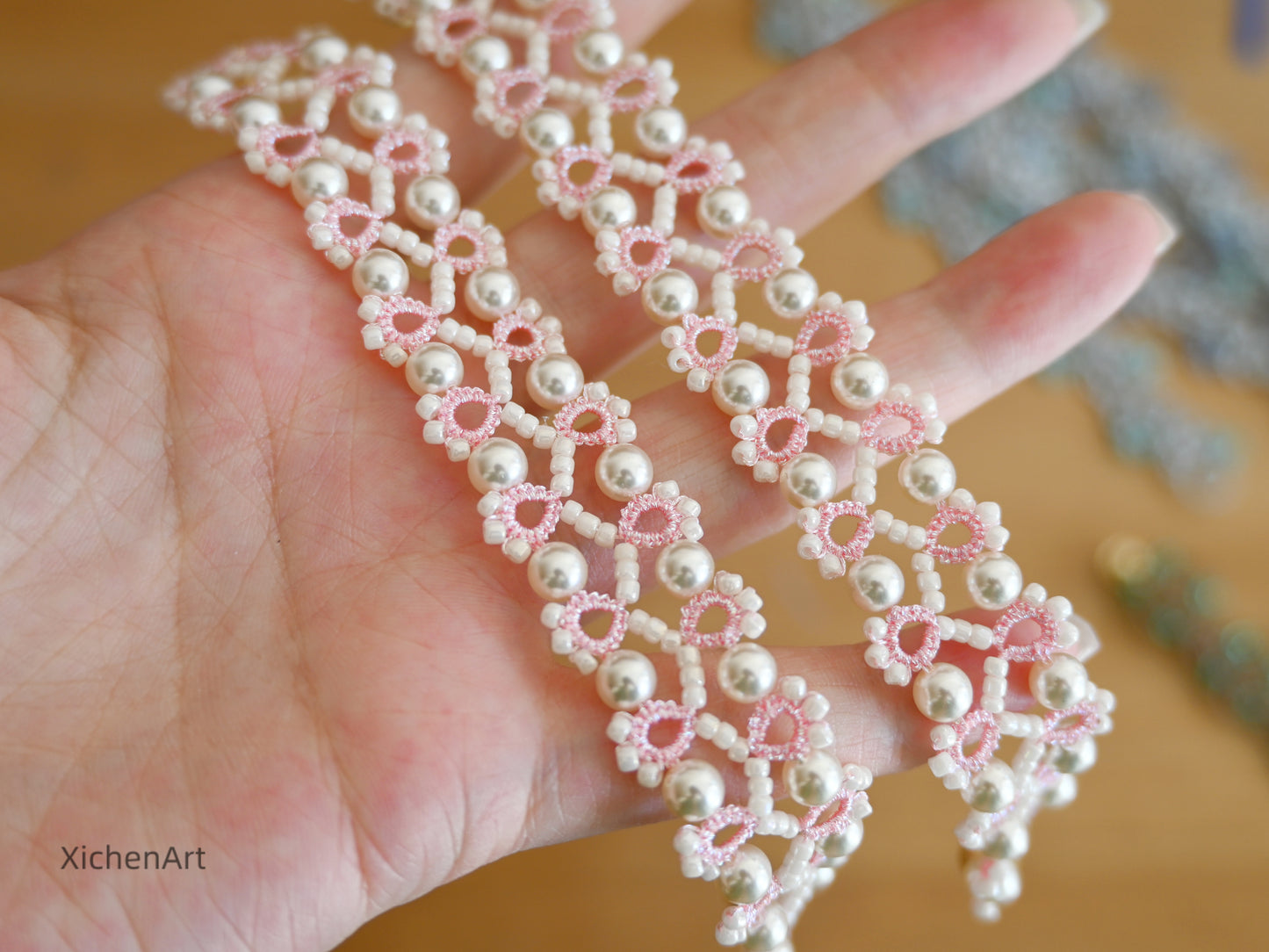 pink color tatting bracelet with beads