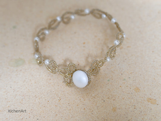 champagne color tatting bracelet with pearl