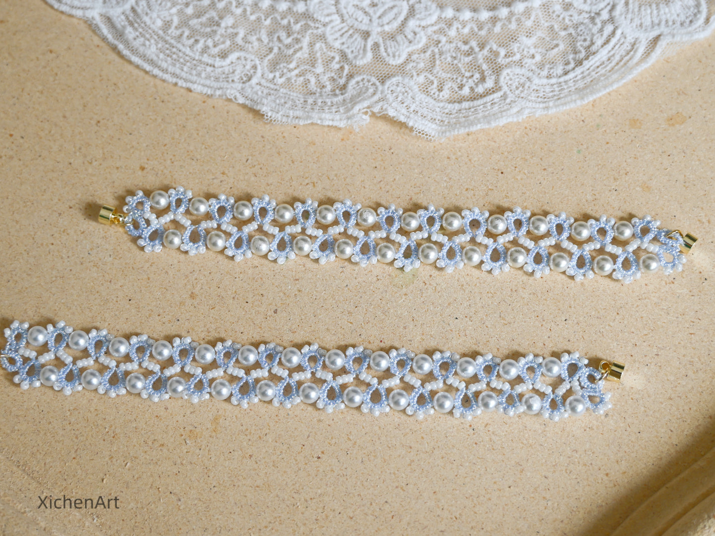 blue tatting bracelet with pearl and miyuki beads