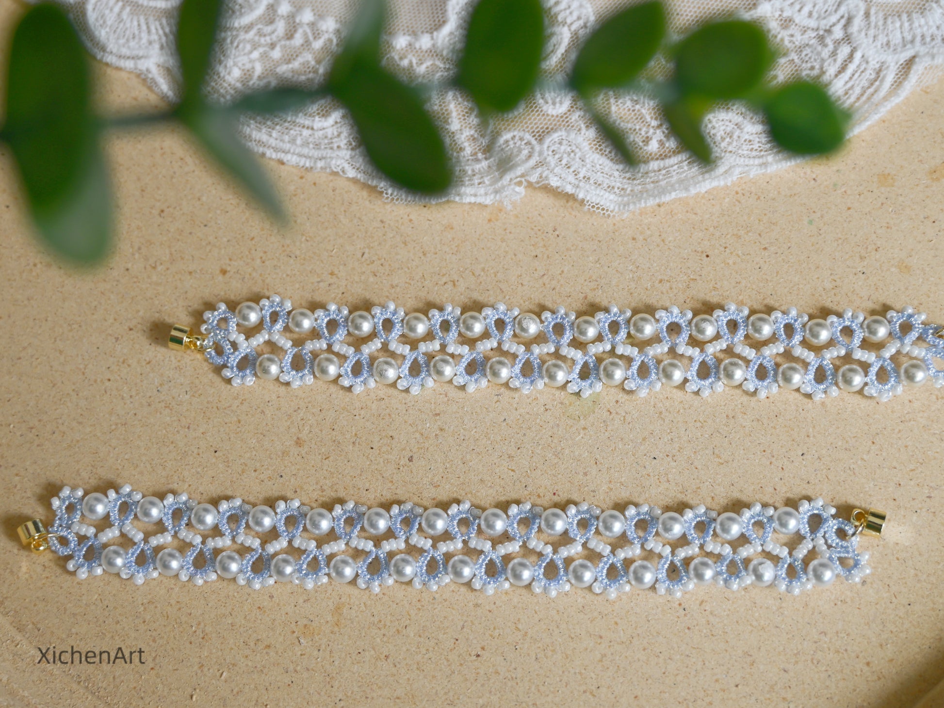 blue tatting bracelet with pearl and miyuki beads