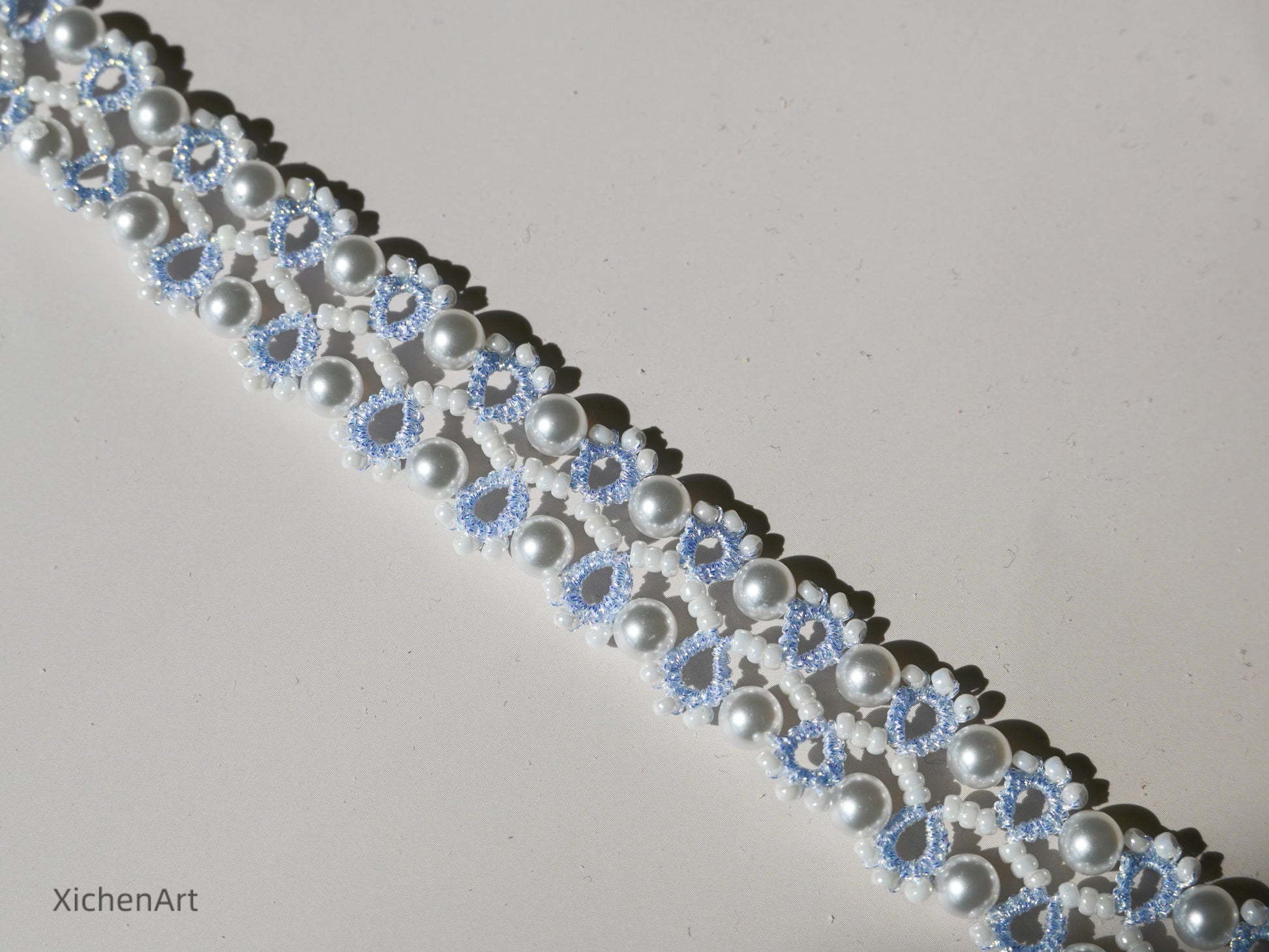 blue tatting bracelet with pearl and miyuki beads