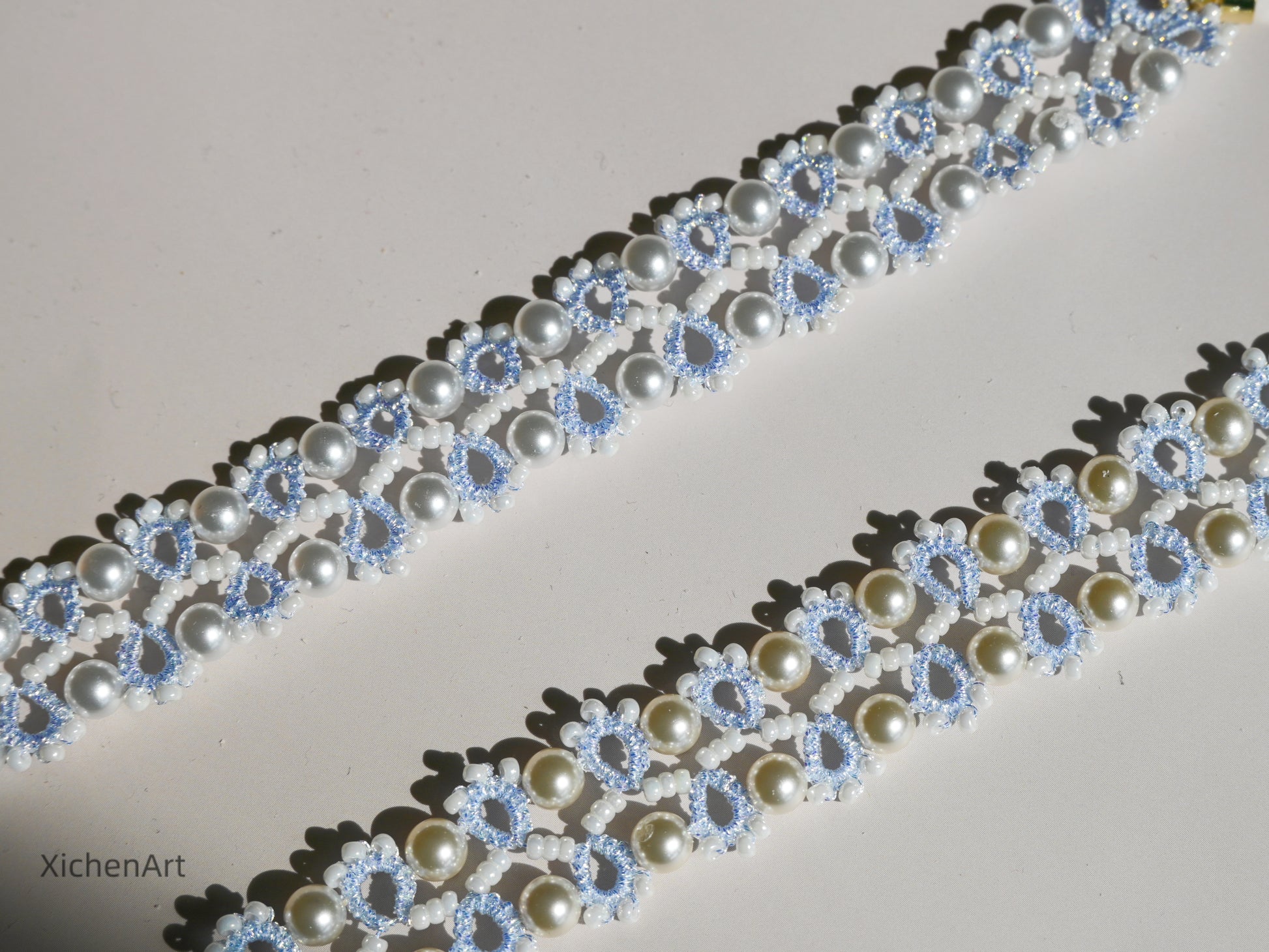 blue tatting bracelet with pearl and miyuki beads