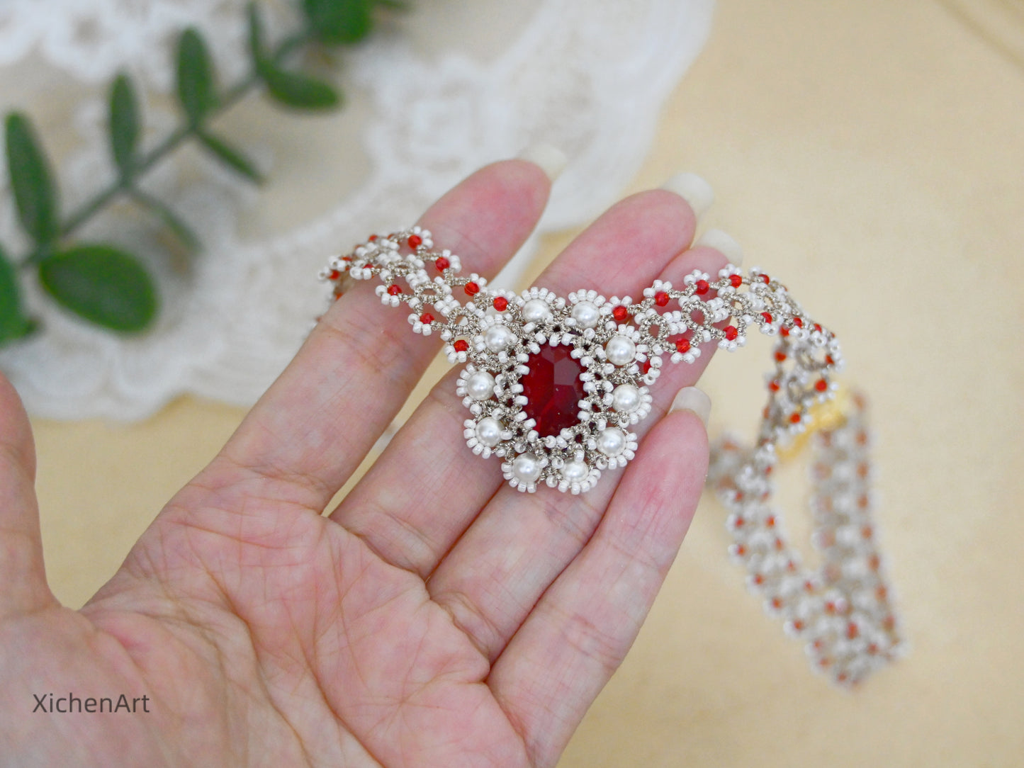 tatting necklace with red beads