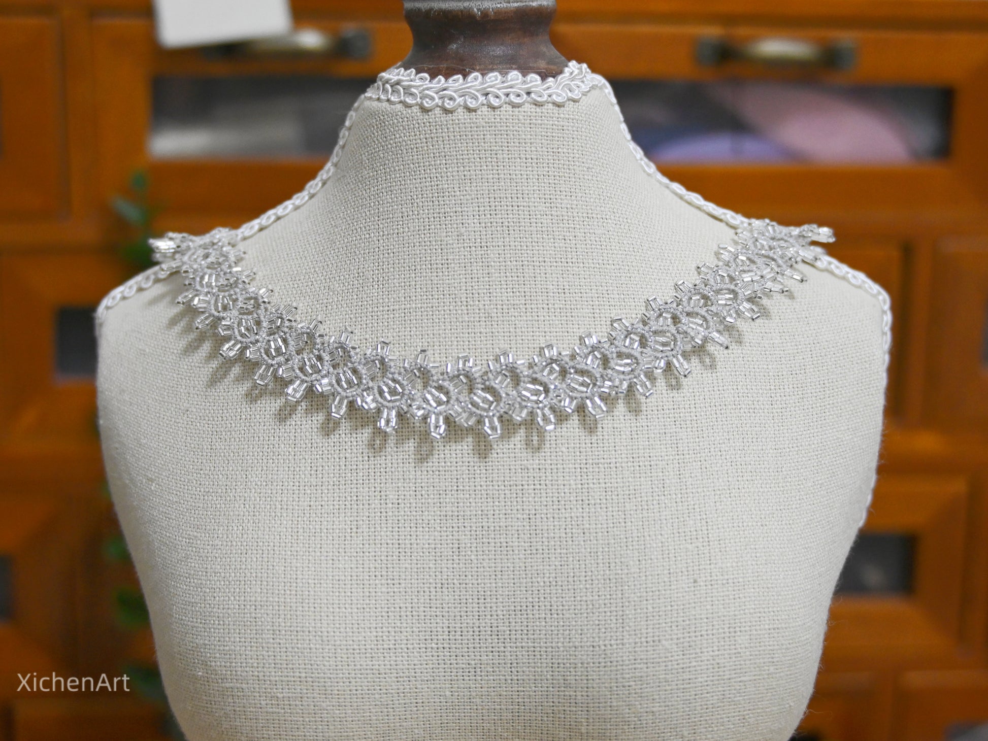 tatting necklace with silver beads