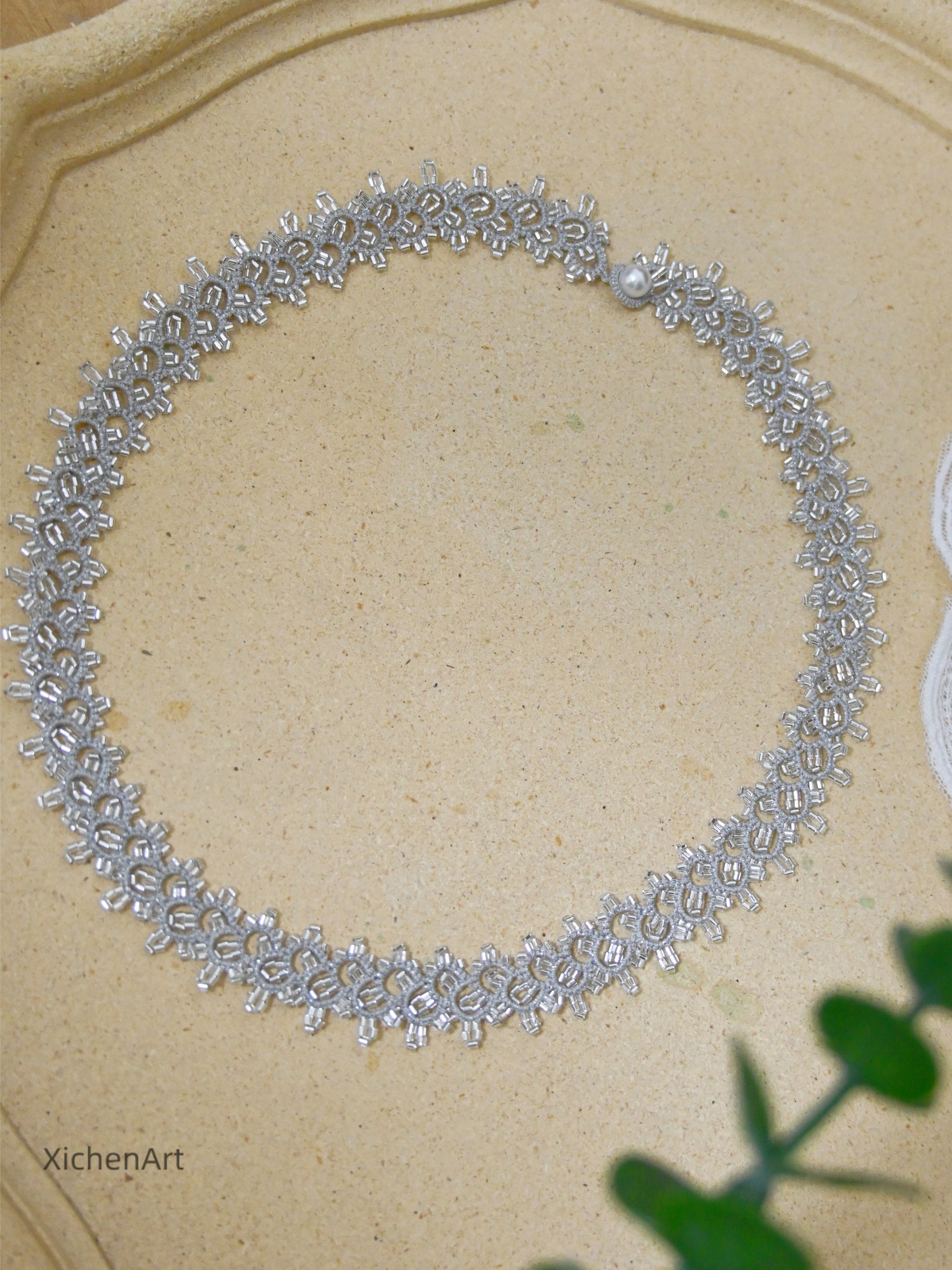 tatting necklace with silver beads