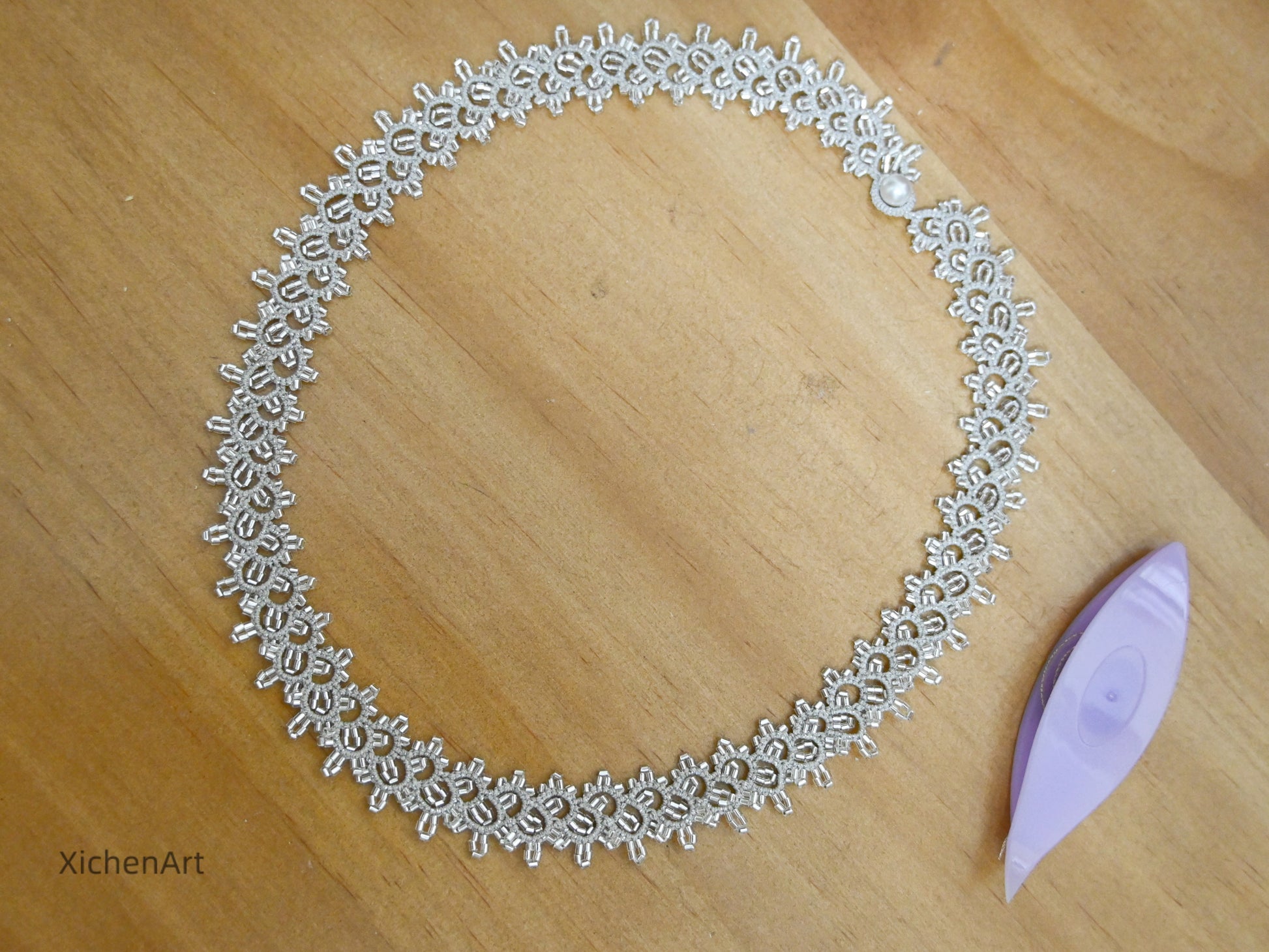 tatting necklace with silver beads