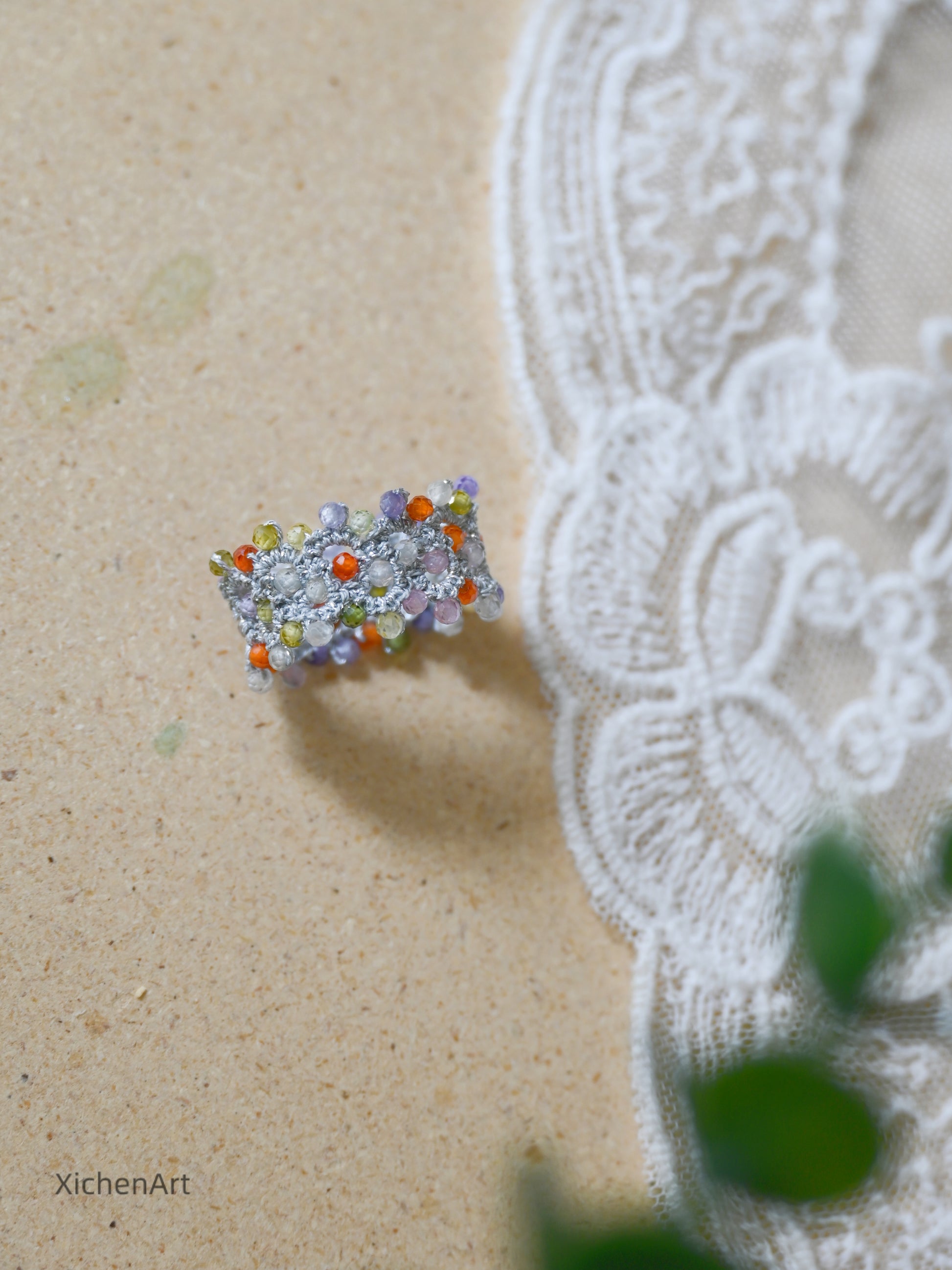 colorful tatting ring with colorful zircon