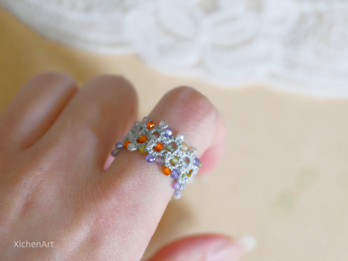 colorful tatting ring with colorful zircon