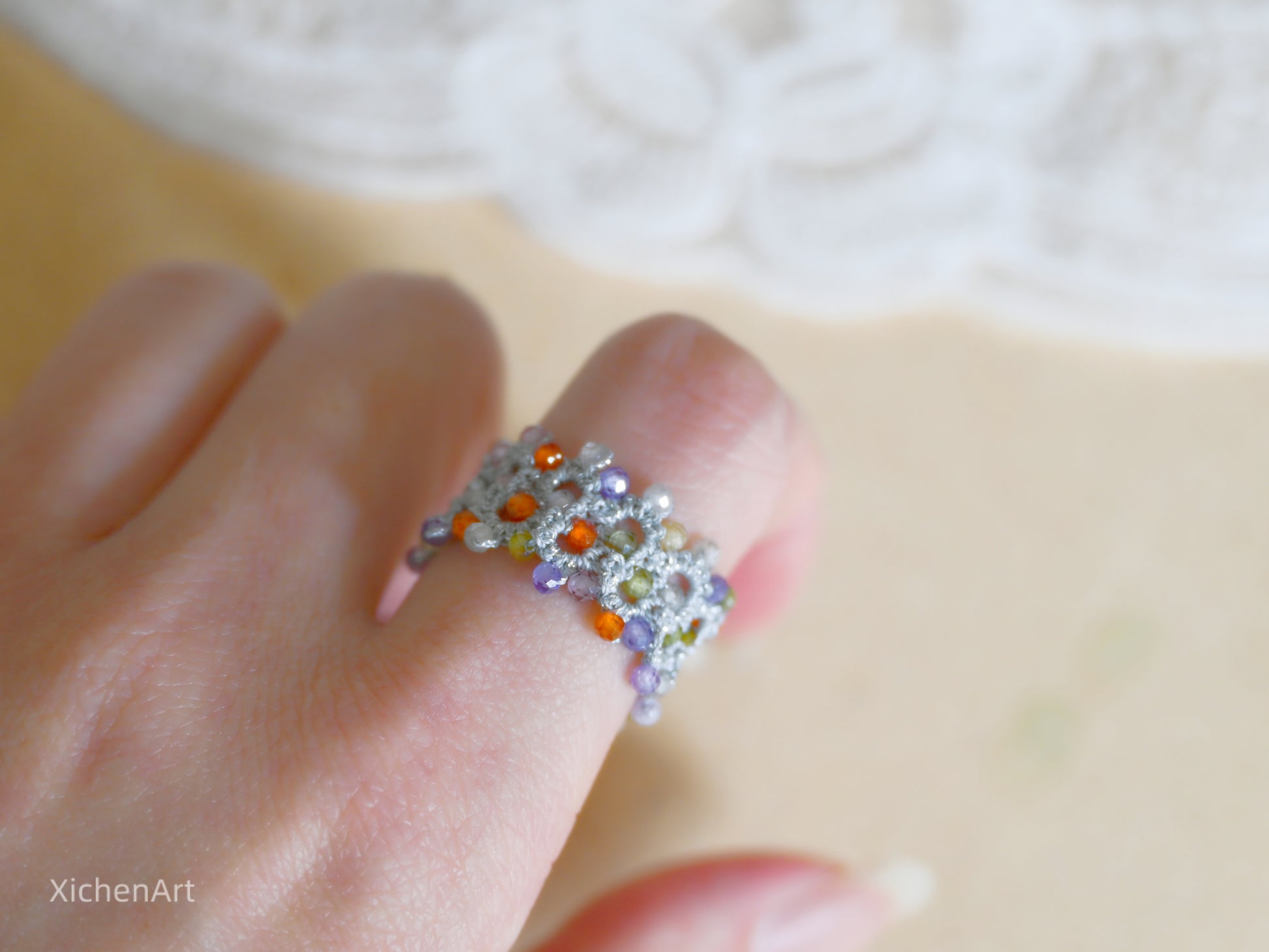 colorful tatting ring with colorful zircon