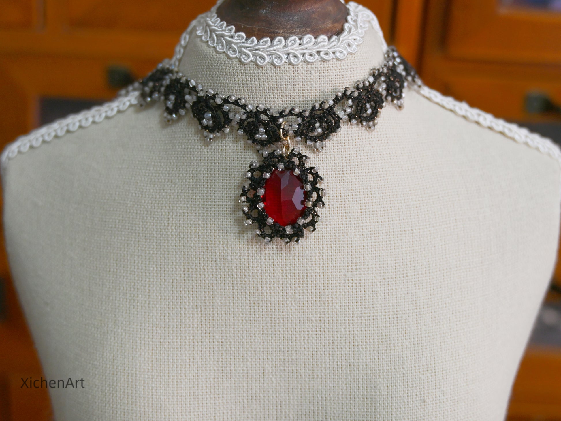 black tatting choker with red crystal