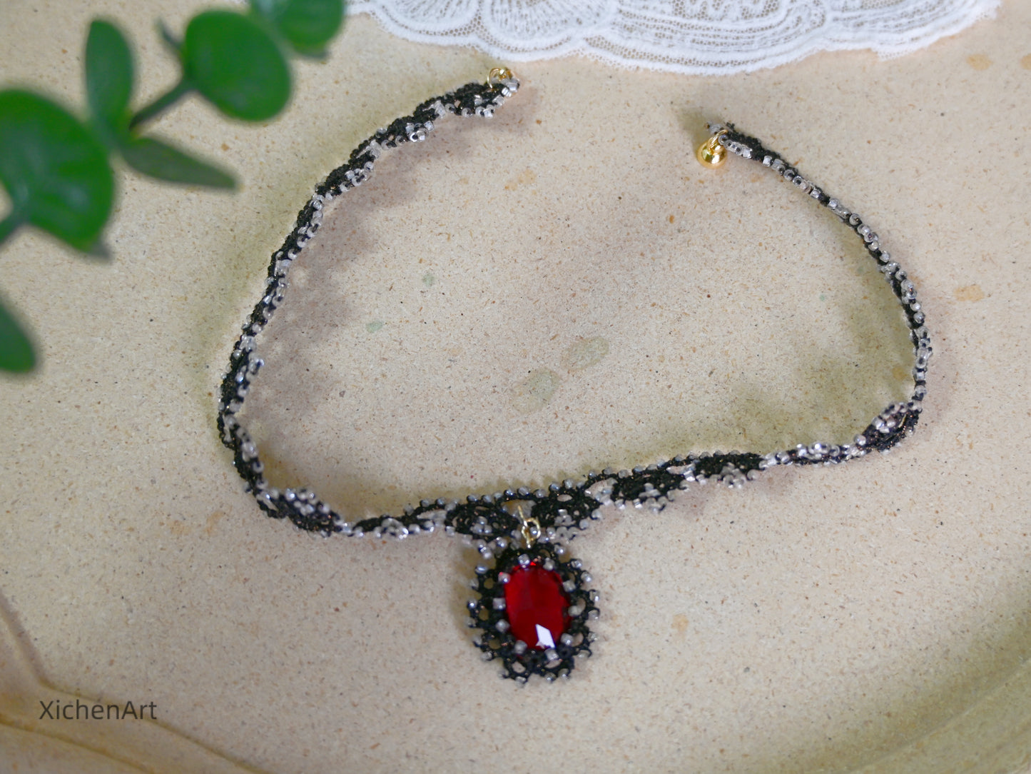 black tatting choker with red crystal