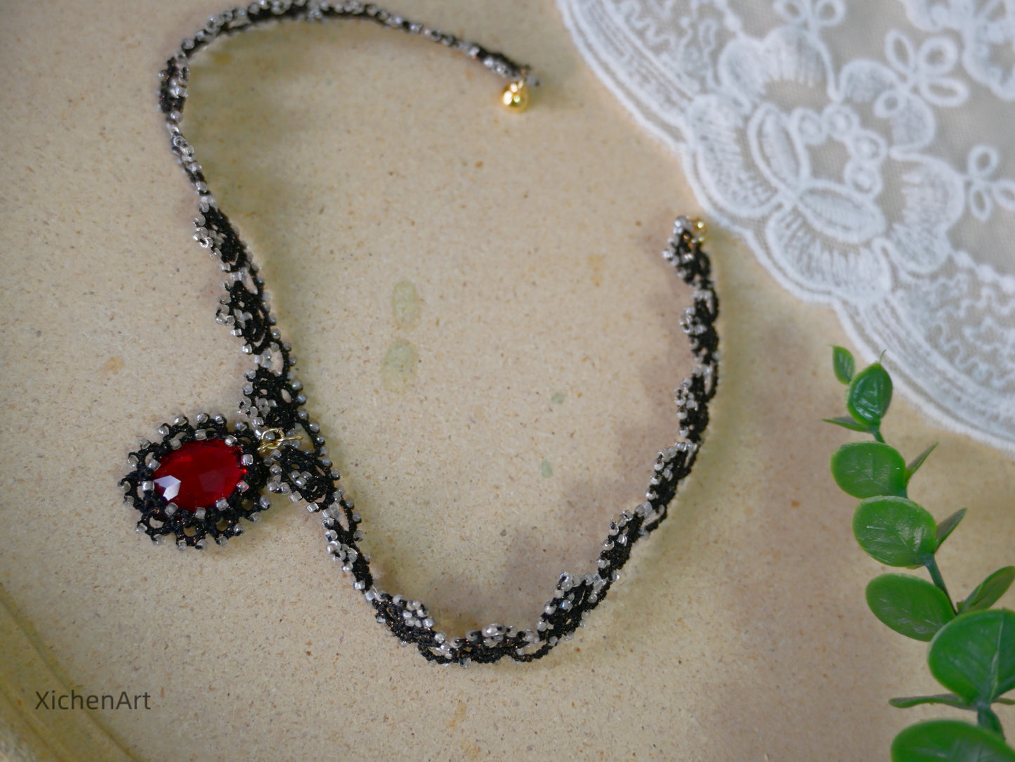 black tatting choker with red crystal