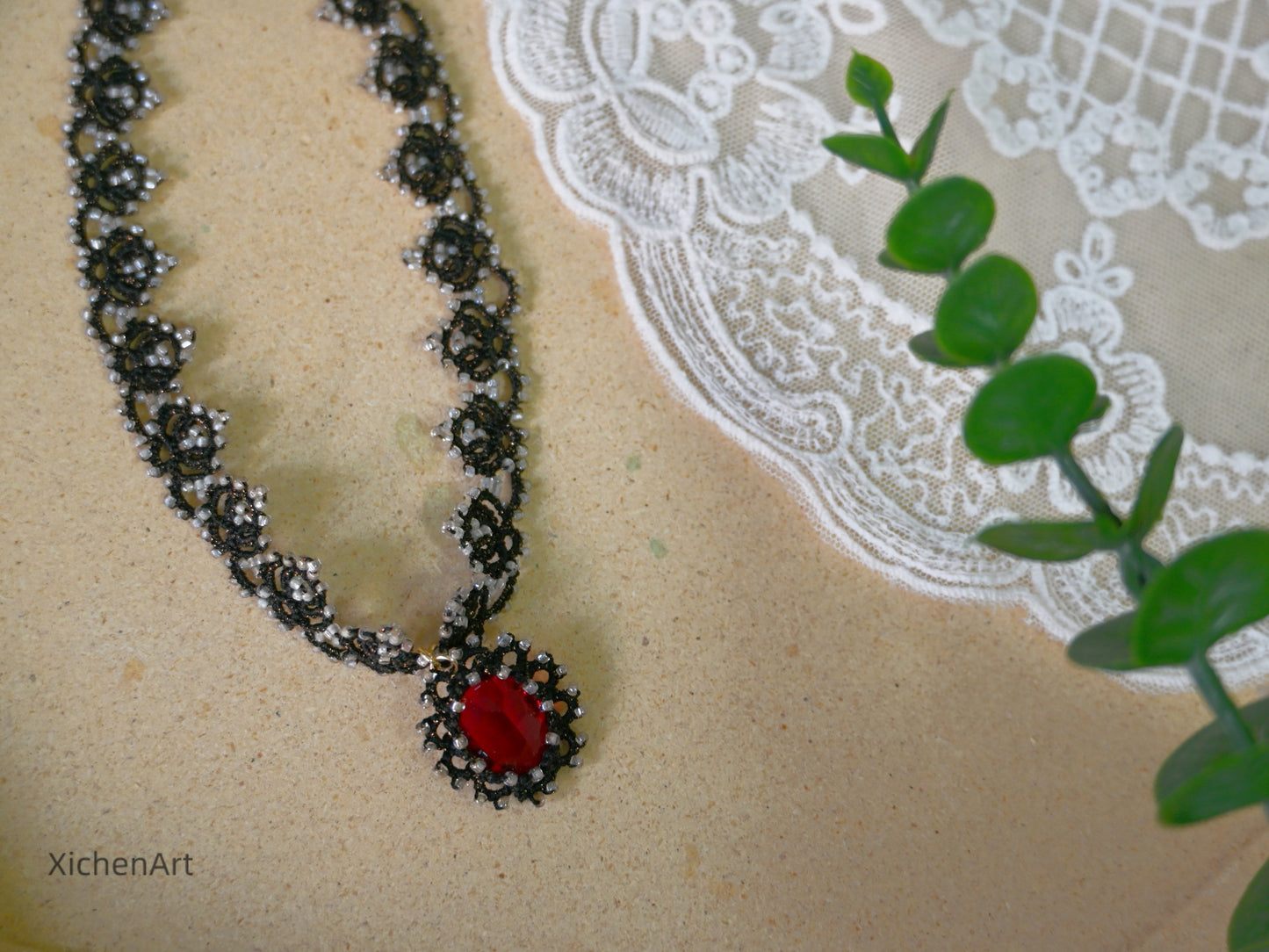 black tatting choker with red crystal