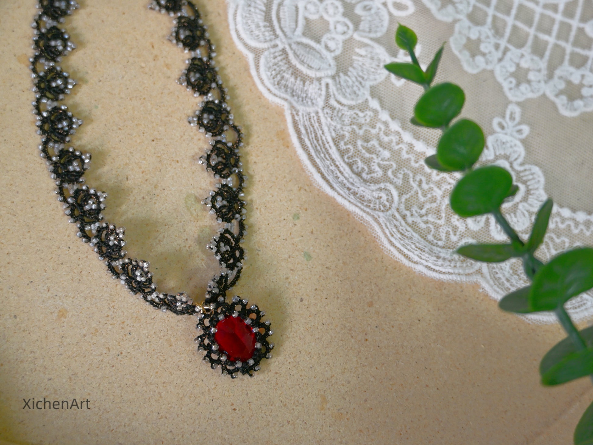 black tatting choker with red crystal