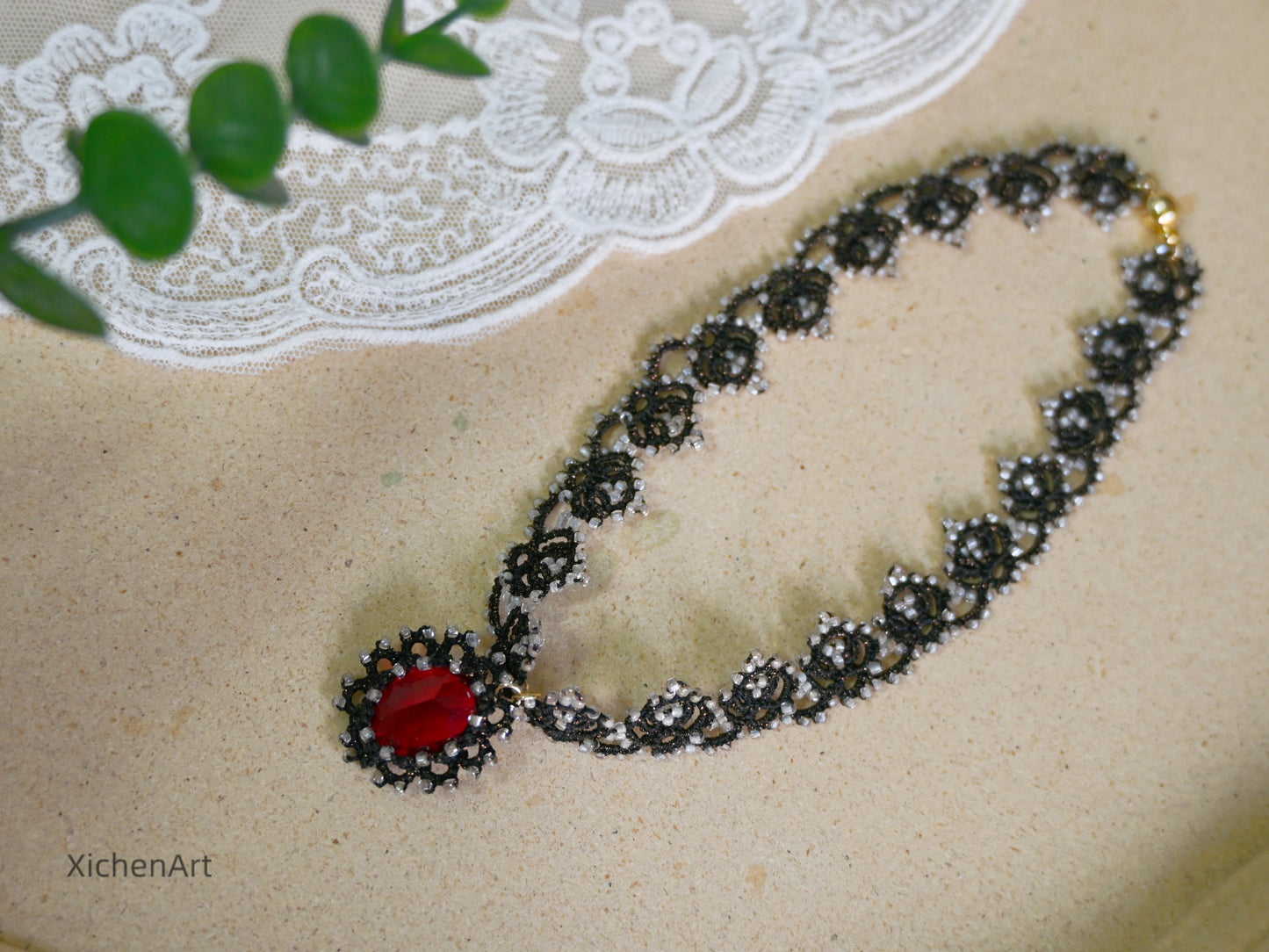 black tatting choker with red crystal