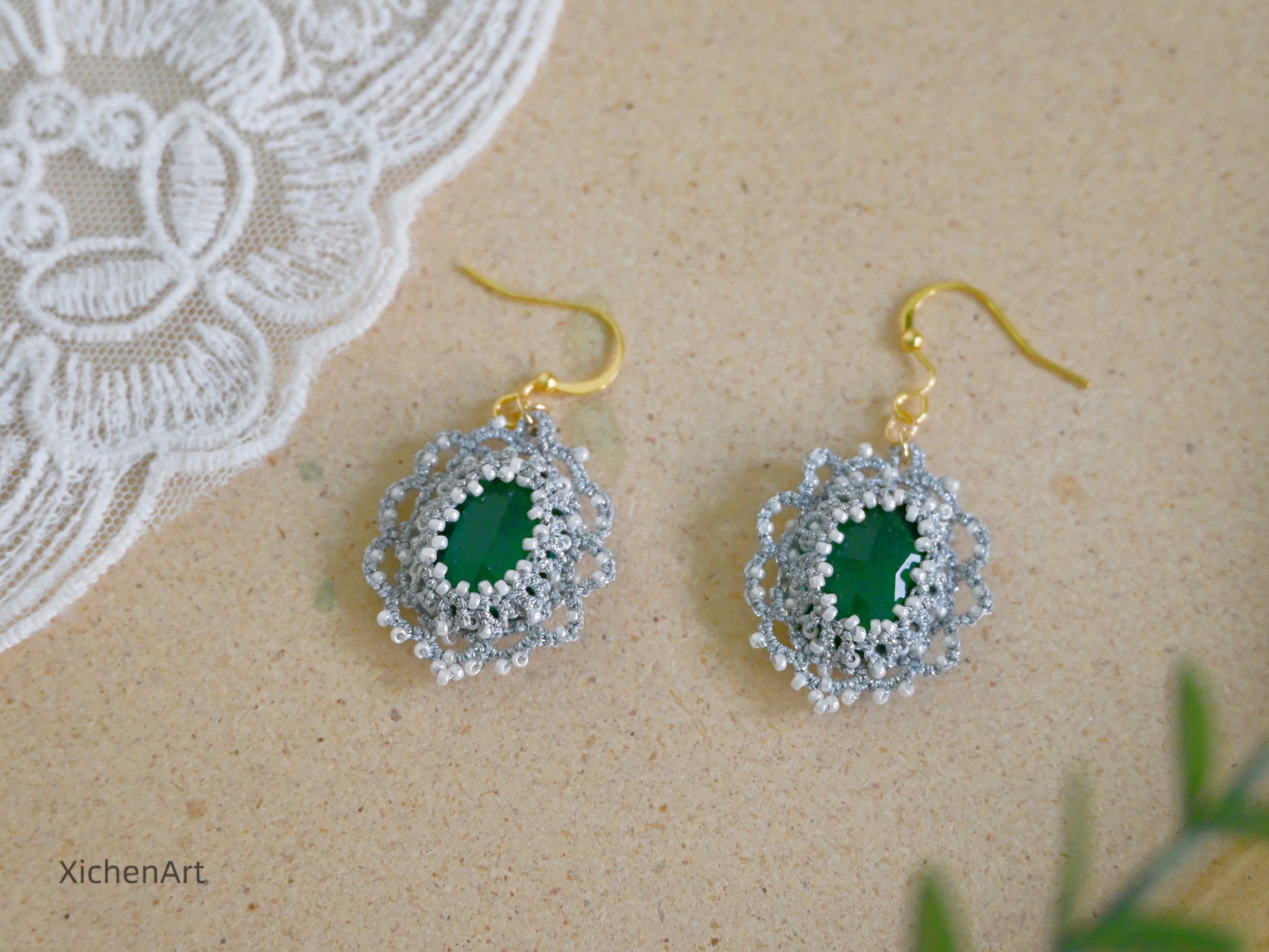 vintage tatting earring with emerald crystal