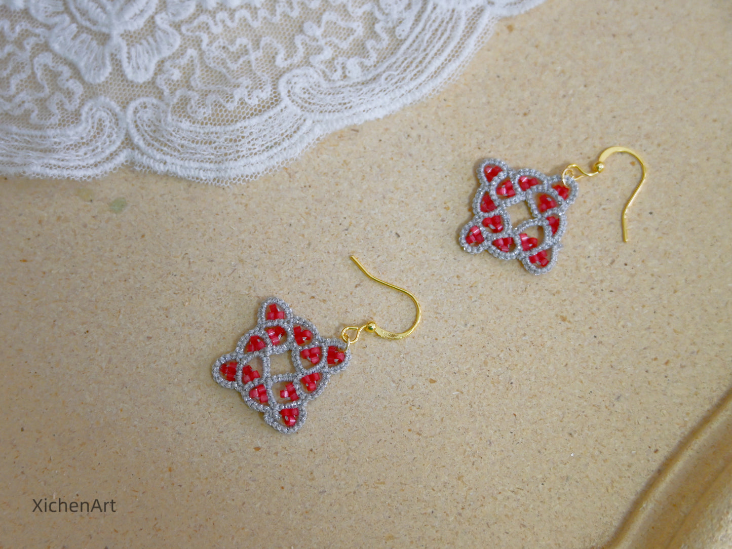 tatting earring drop with shiny beads