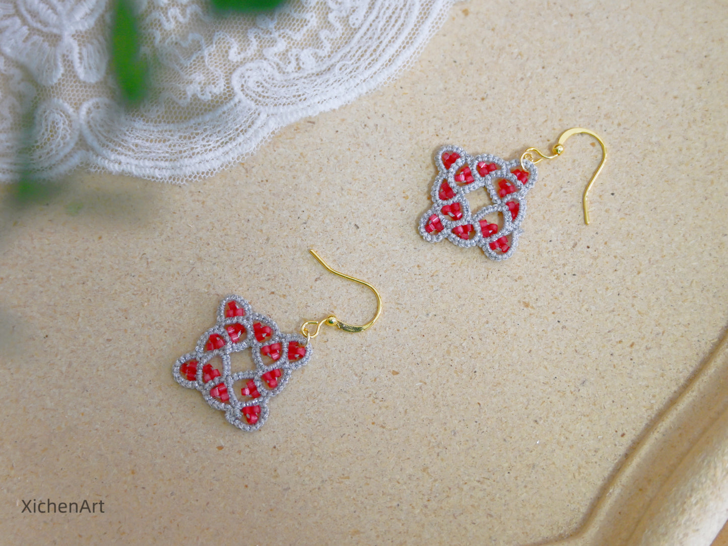 tatting earring drop with shiny beads